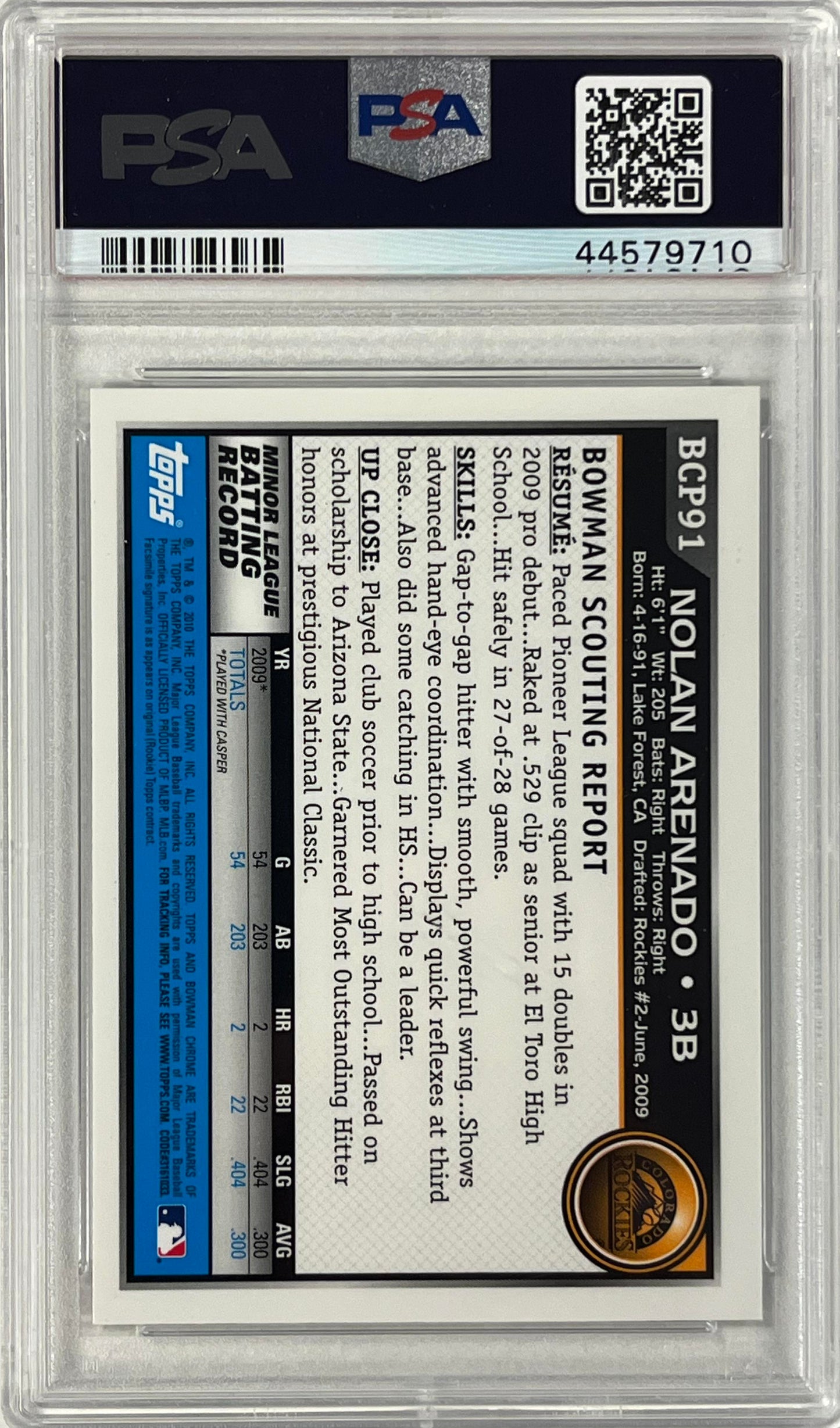2010 Bowman Chrome Prospects #BCP91 Nolan Arenado PSA 9 MINT