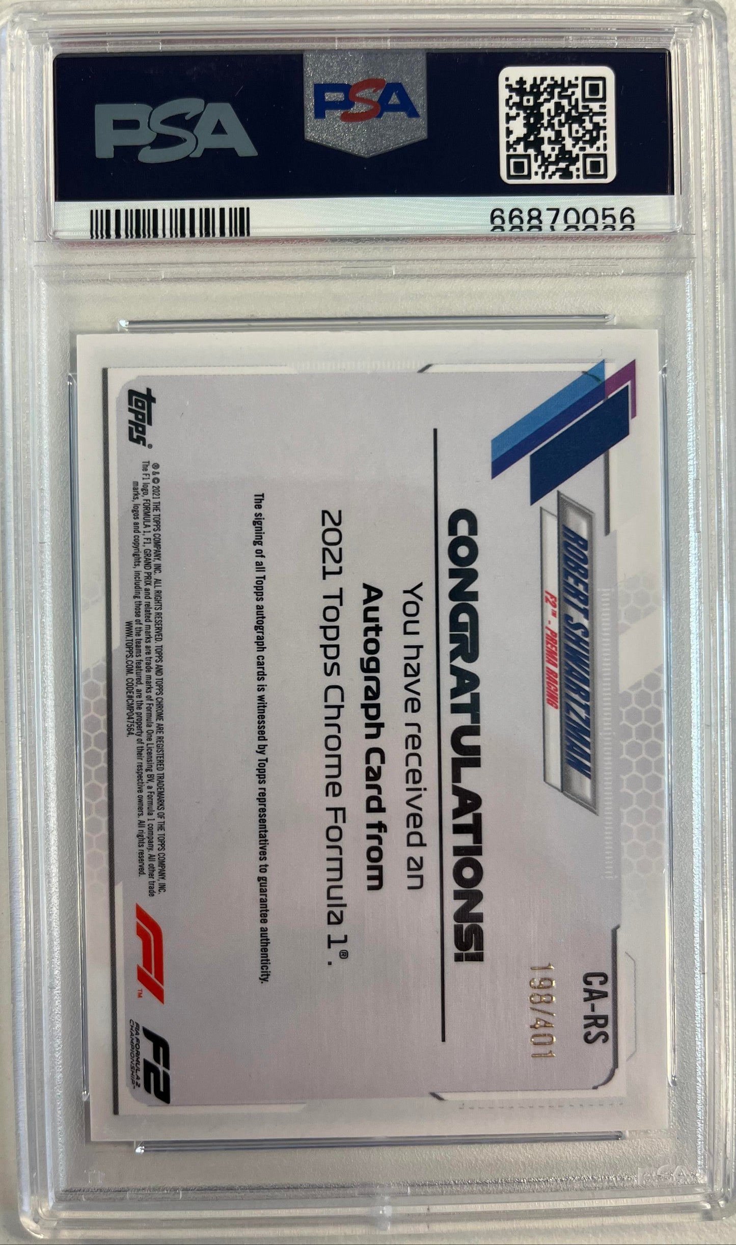 2021 Topps Chrome Formula 1 Autographs #CARS Robert Shwartzman PSA 10