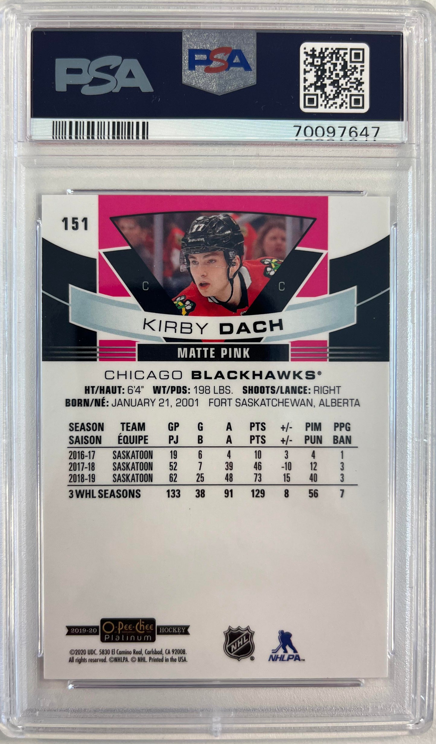 2019 O-Pee-Chee Platinum #151 Kirby Dach Matte Pink PSA 9