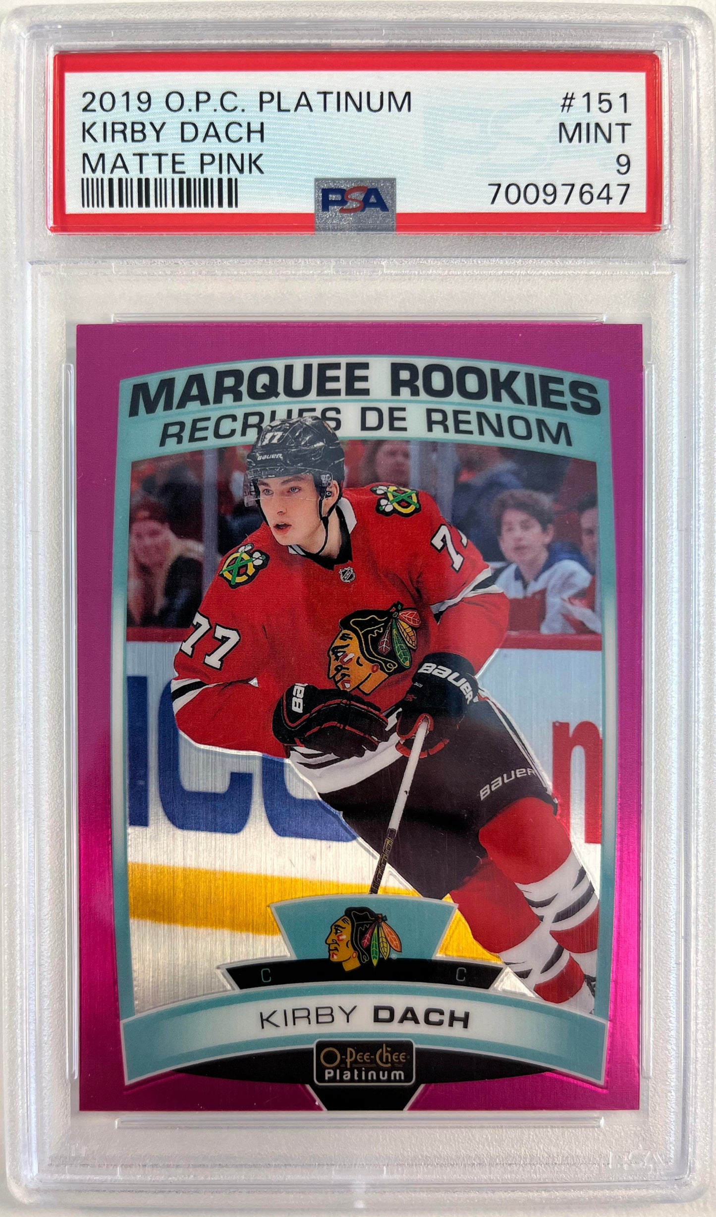 2019 O-Pee-Chee Platinum #151 Kirby Dach Matte Pink PSA 9