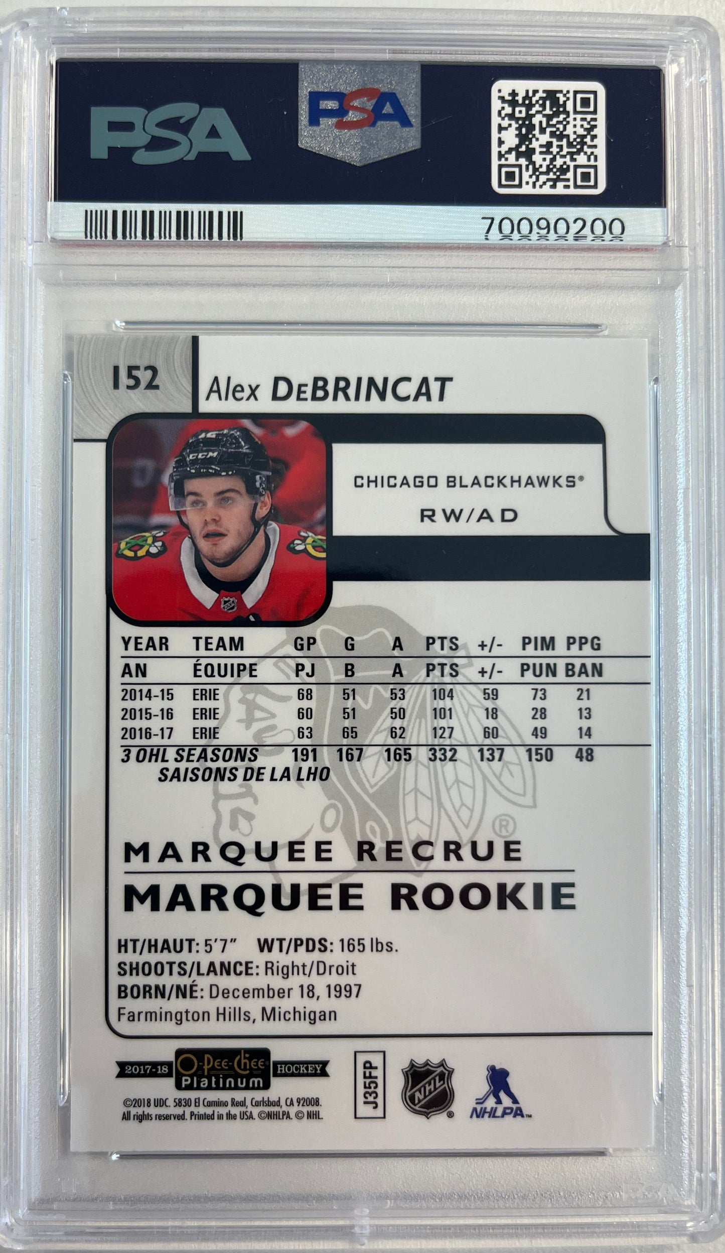 2017 O-Pee-Chee Platinum #152 Alex Debrincat PSA 9