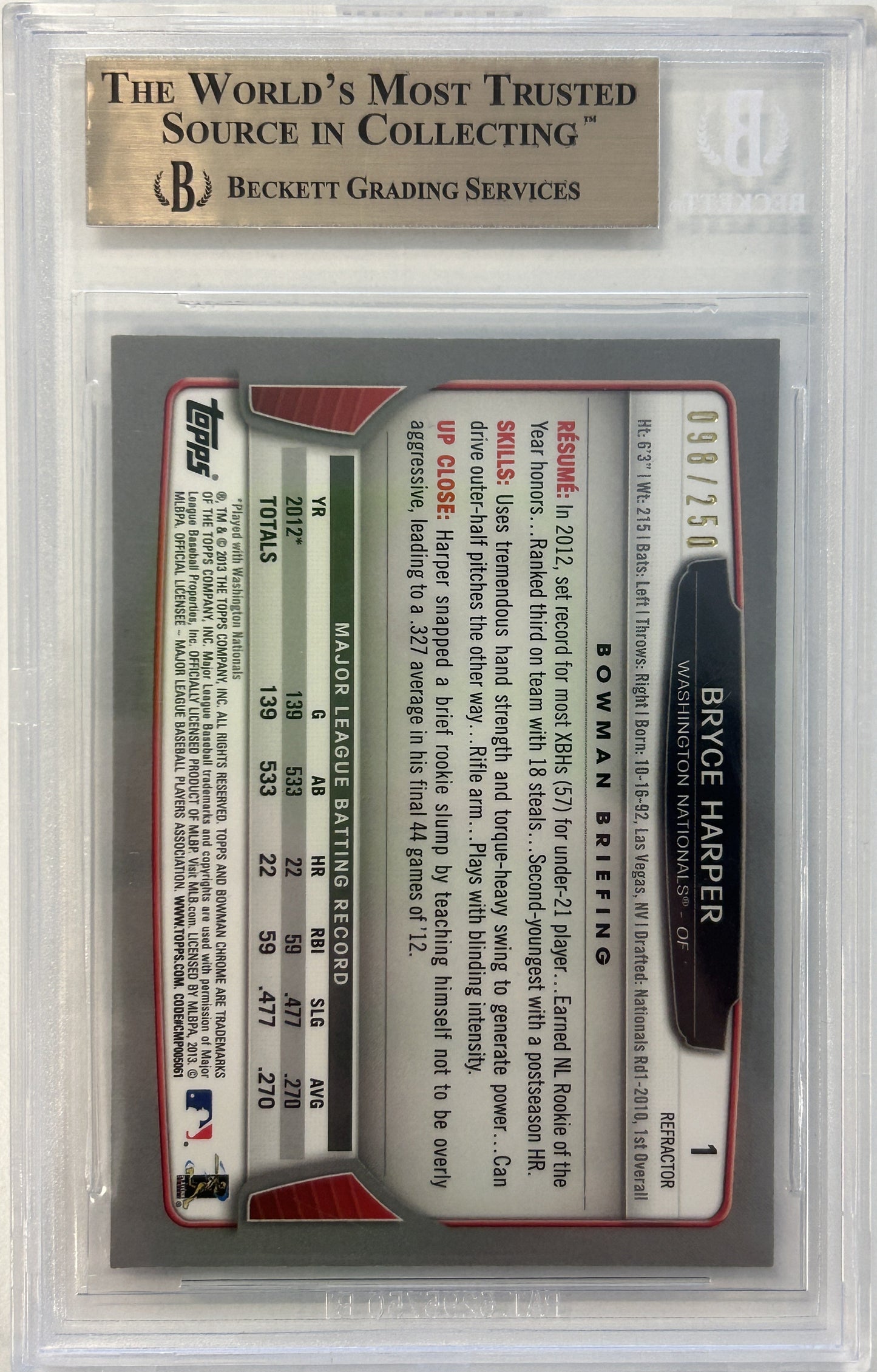 2013 Bowman Chrome Blue Refractors #1 Bryce Harper /250 BGS 9.5