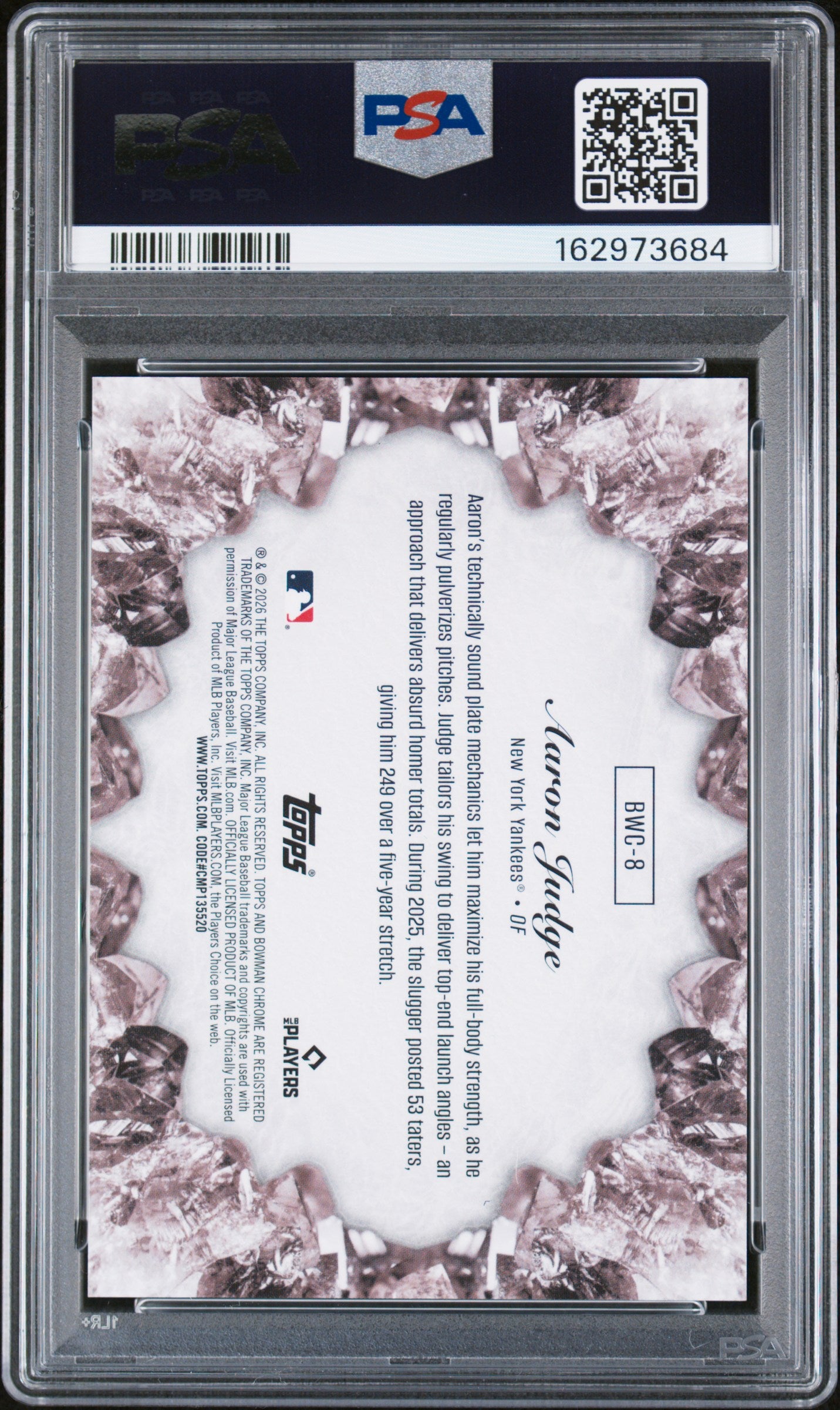 2026 Bowman Crystallized #BWC-8 Aaron Judge Gold Refractor #'d 1/50 *Bookend* PSA 8