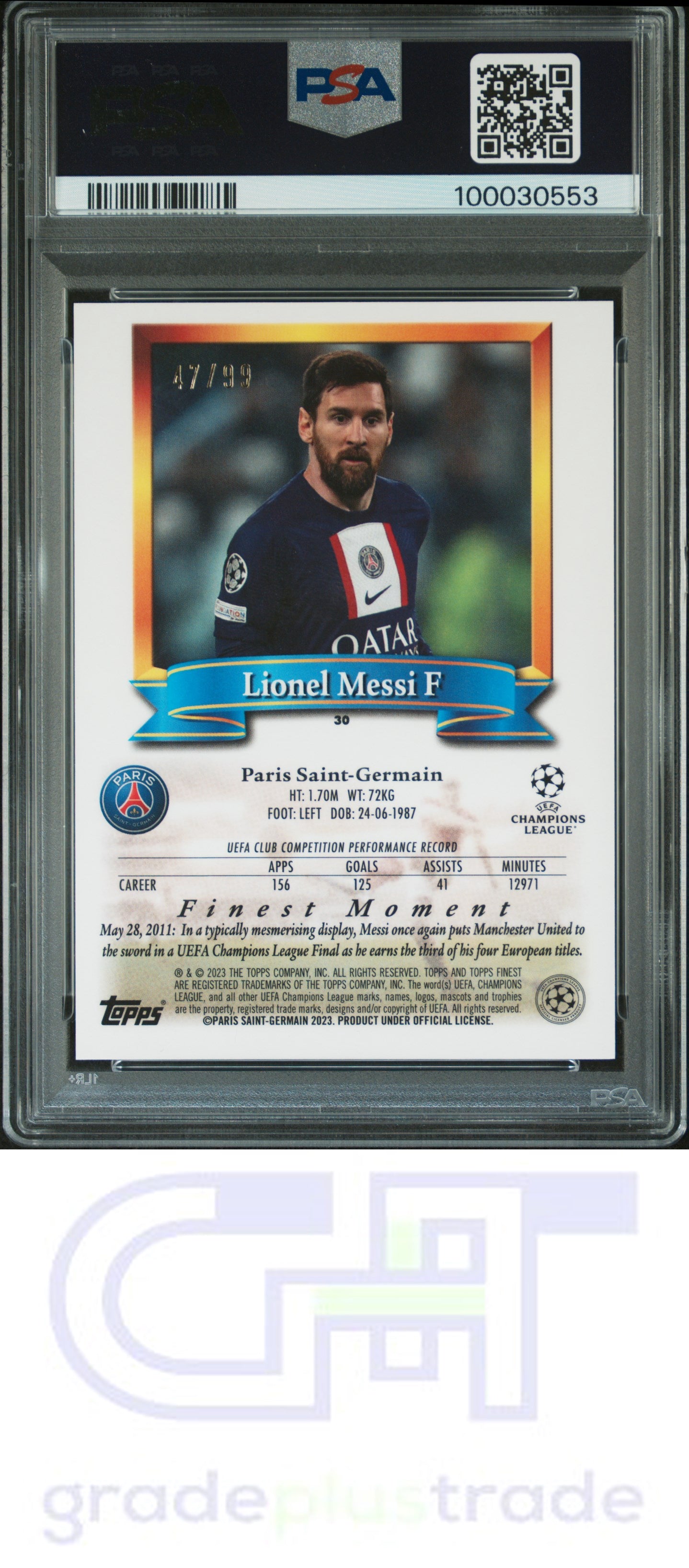 2022-23 Topps Finest Flashbacks Uefa #30 Blue Refractor Lionel Messi PSA 9