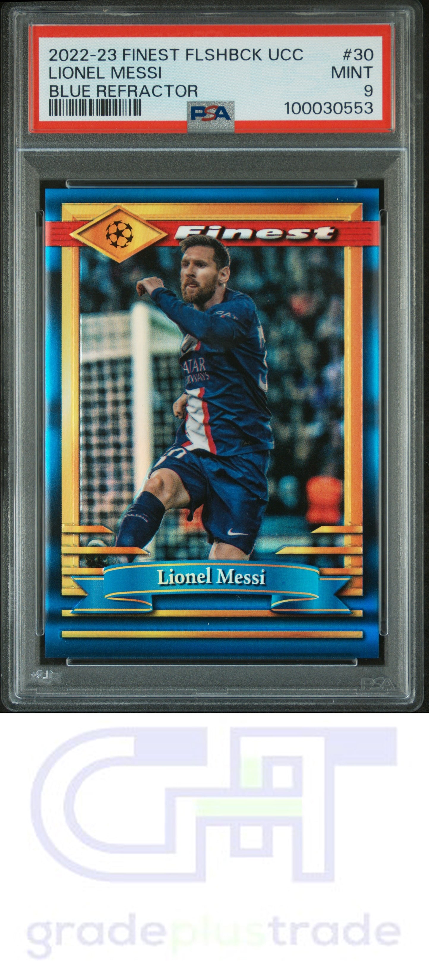 2022-23 Topps Finest Flashbacks Uefa #30 Blue Refractor Lionel Messi PSA 9