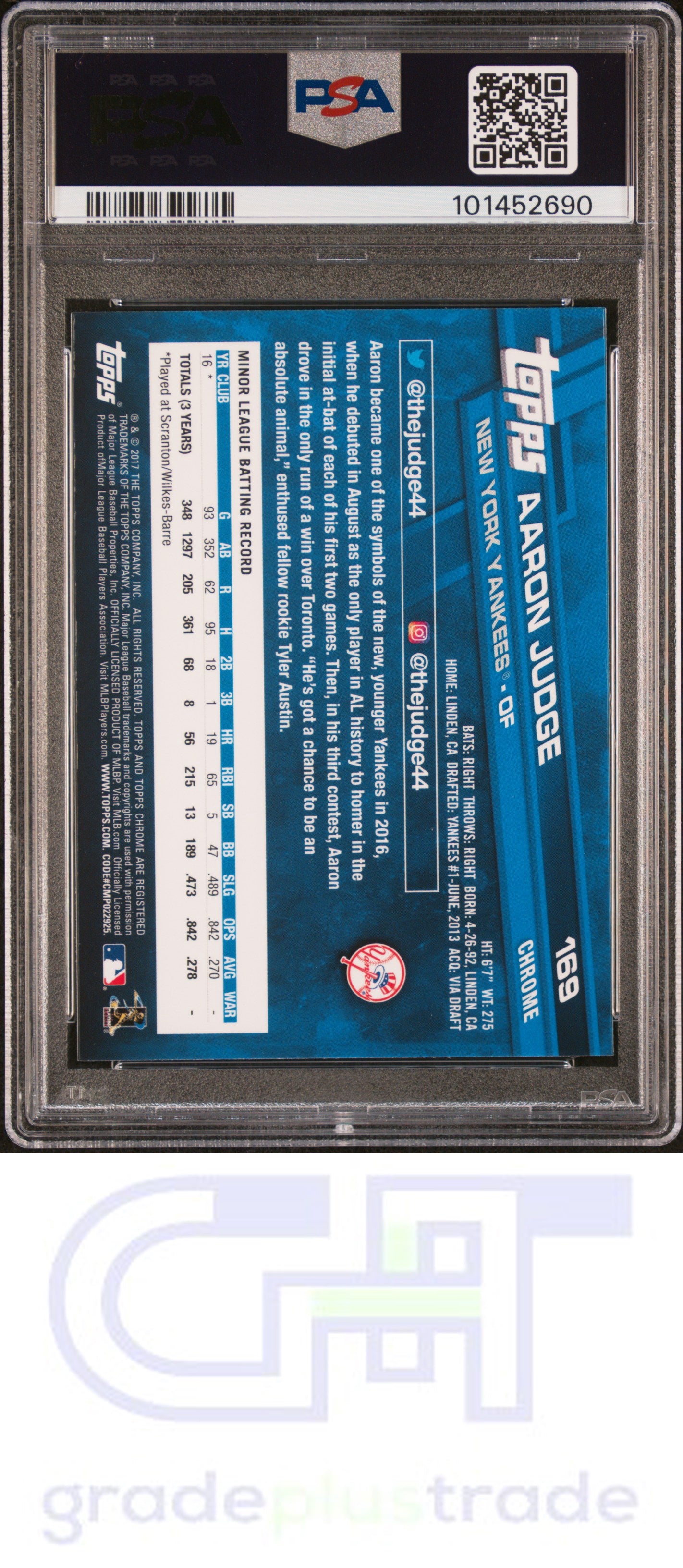 2017 Topps Chrome #169 Aaron Judge RC PSA 9