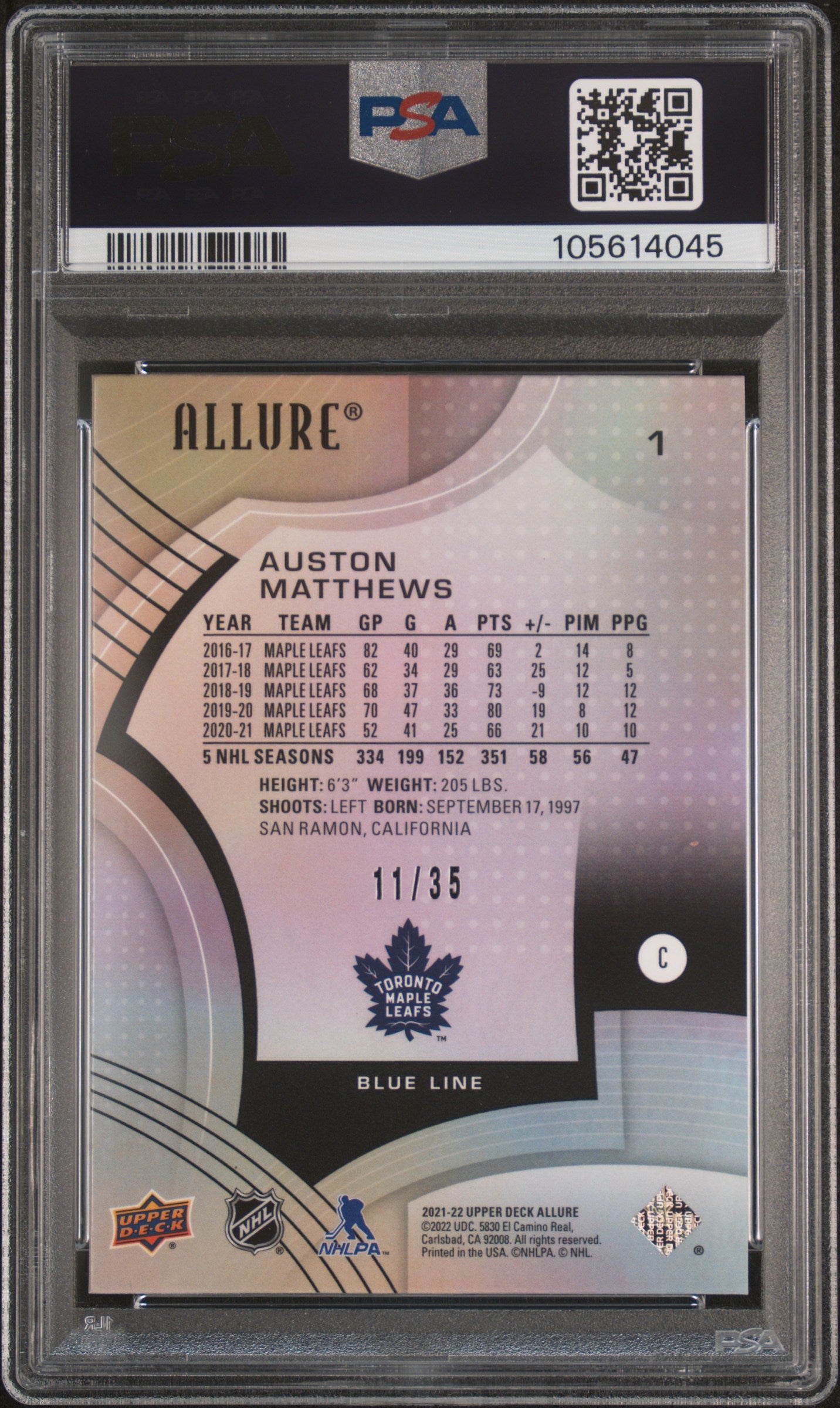 2021 Upper Deck Allure #1 Blue Line Auston Matthews #'d /35 PSA 10