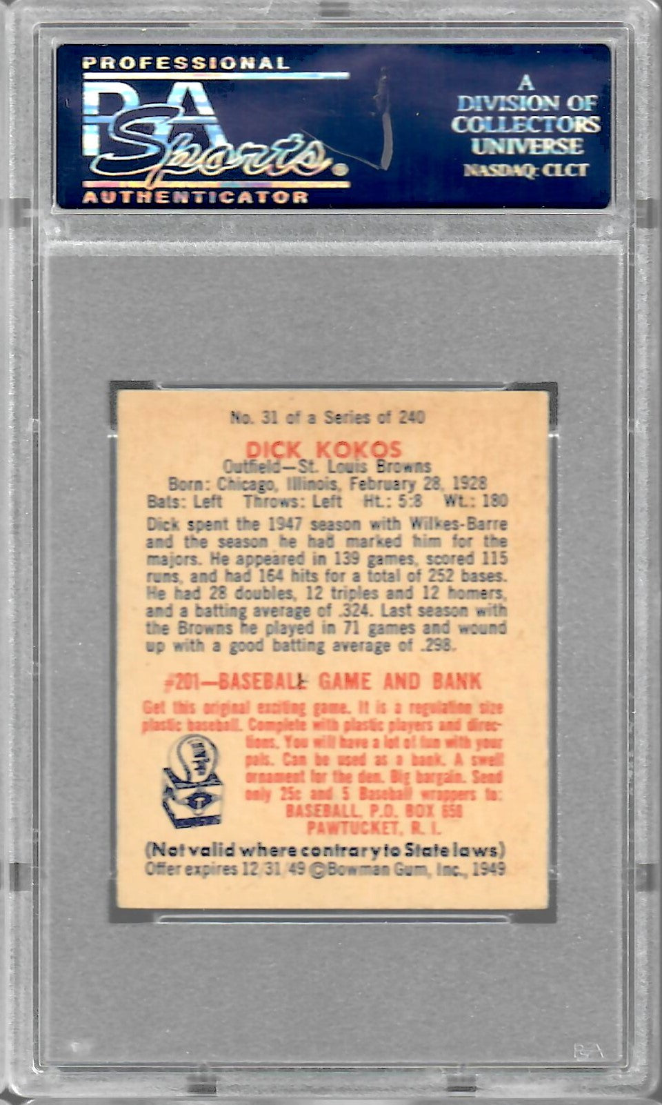 1949 Bowman #31 Dick Kokos PSA 7 NM
