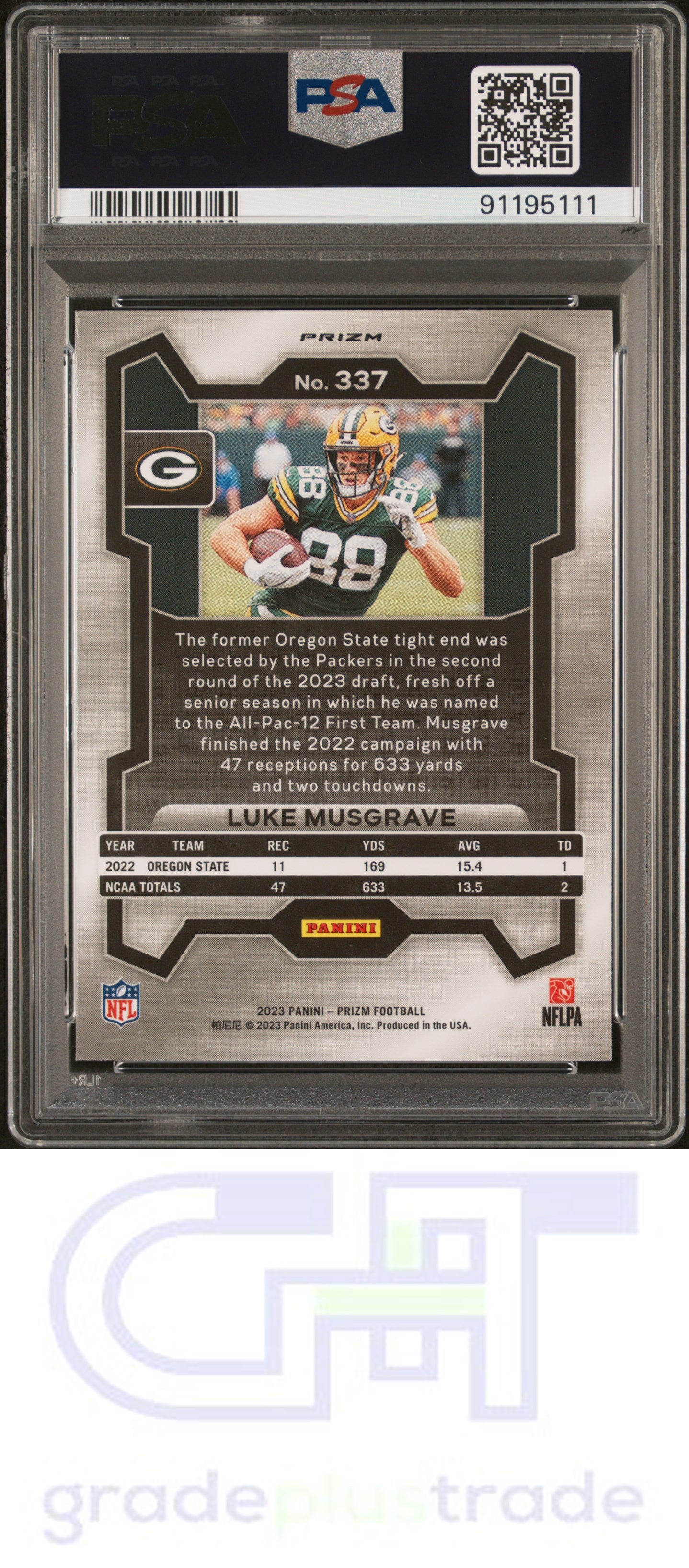 2023 Panini Prizm #337 Lazer Prizm Luke Musgrave RC PSA 10
