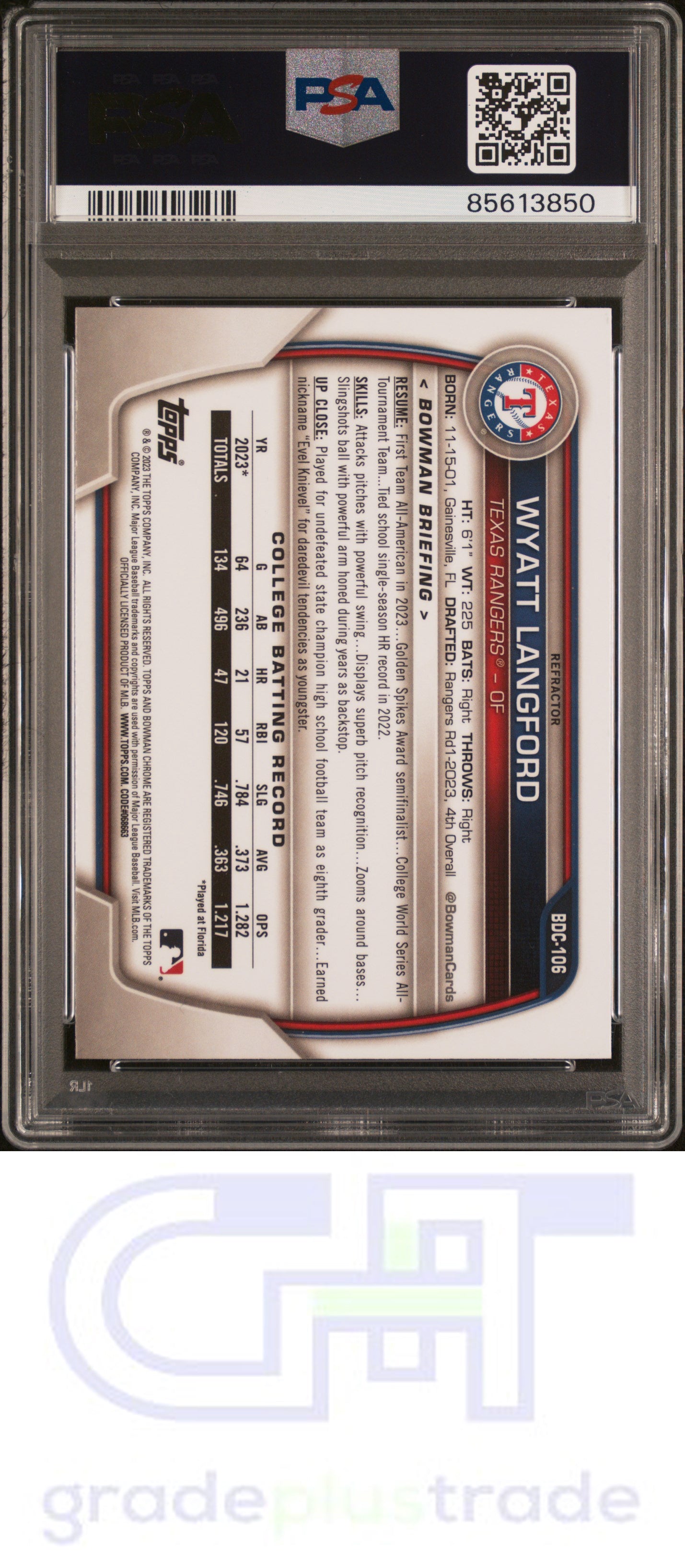 2023 Bowman Draft #BDC106 Chrome Refractor Wyatt Langford PSA 9