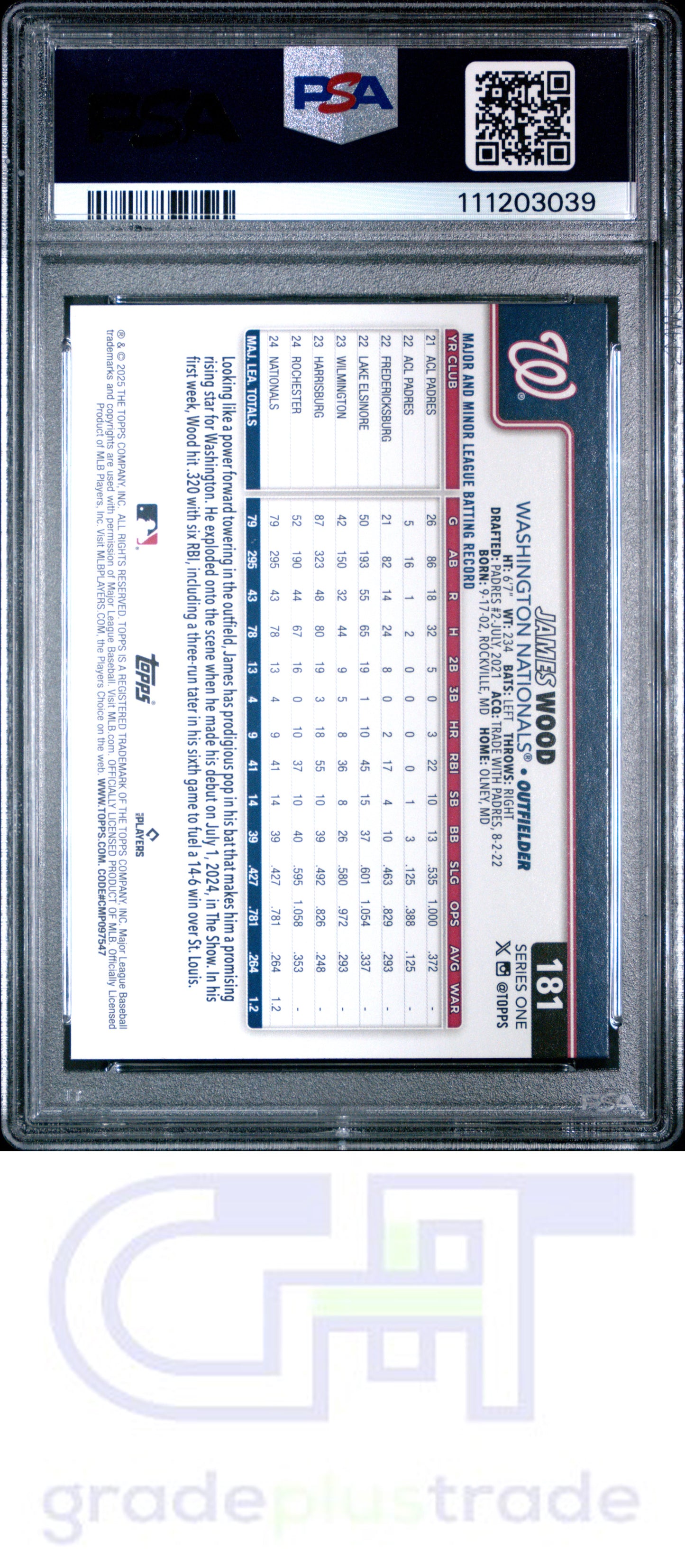 2025 Topps #181 James Wood RC PSA 10