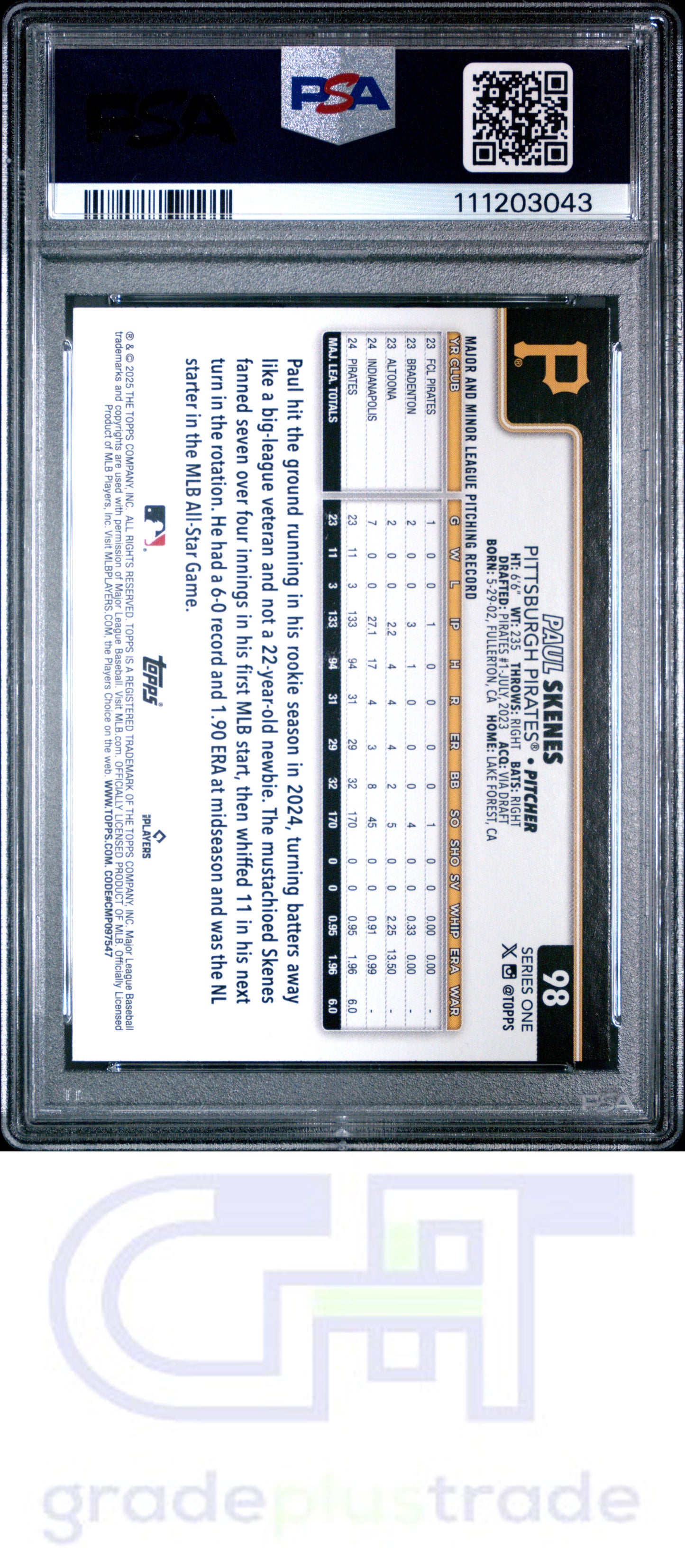 2025 Topps #98 Rainbow Foil Paul Skenes PSA 9