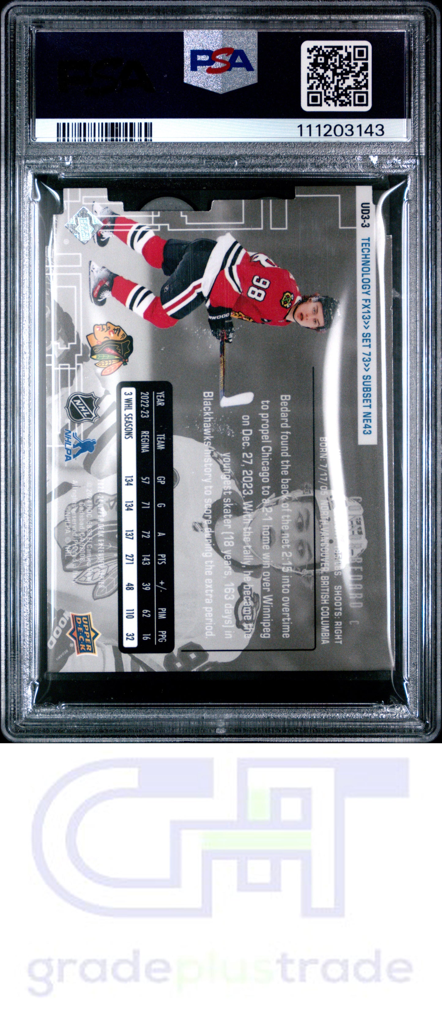 2023 Upper Deck Extended Series 1998-99 Ud3 #3 Connor Bedard RC PSA 6