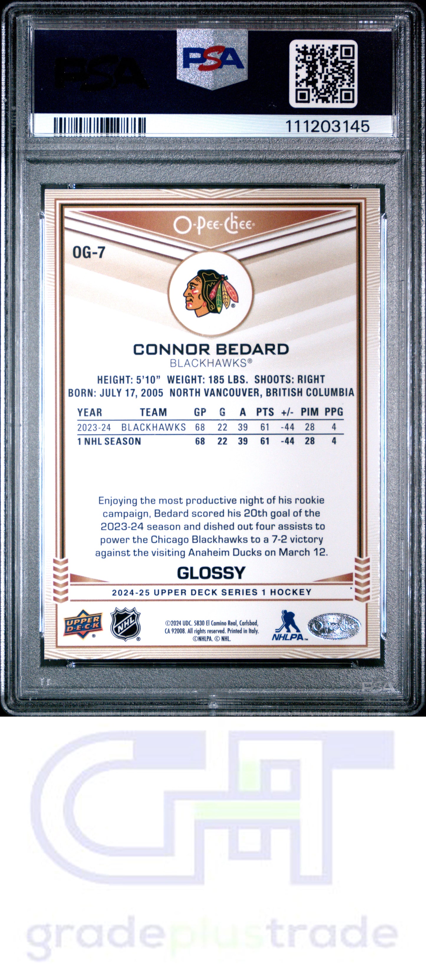 2024 Upper Deck O-Pee-Chee Glossy #OG7 Connor Bedard PSA 7