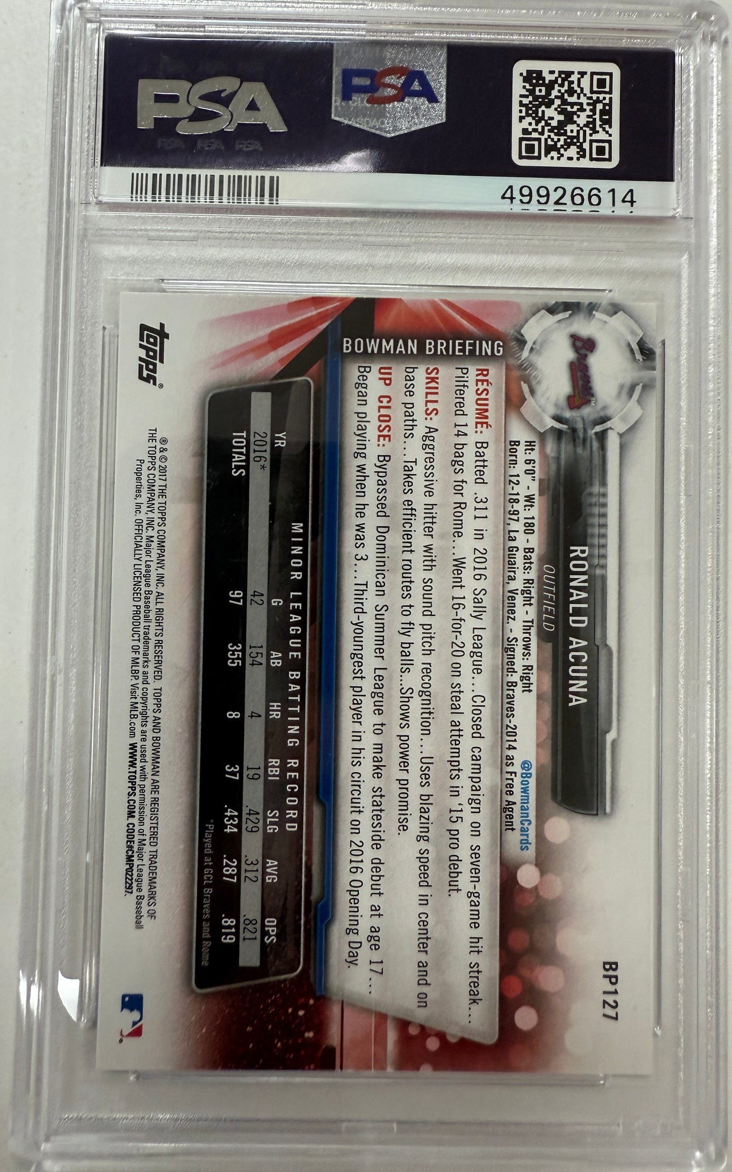 2017 Bowman Prospects #BP127 Prospects Ronald Acuna PSA 10