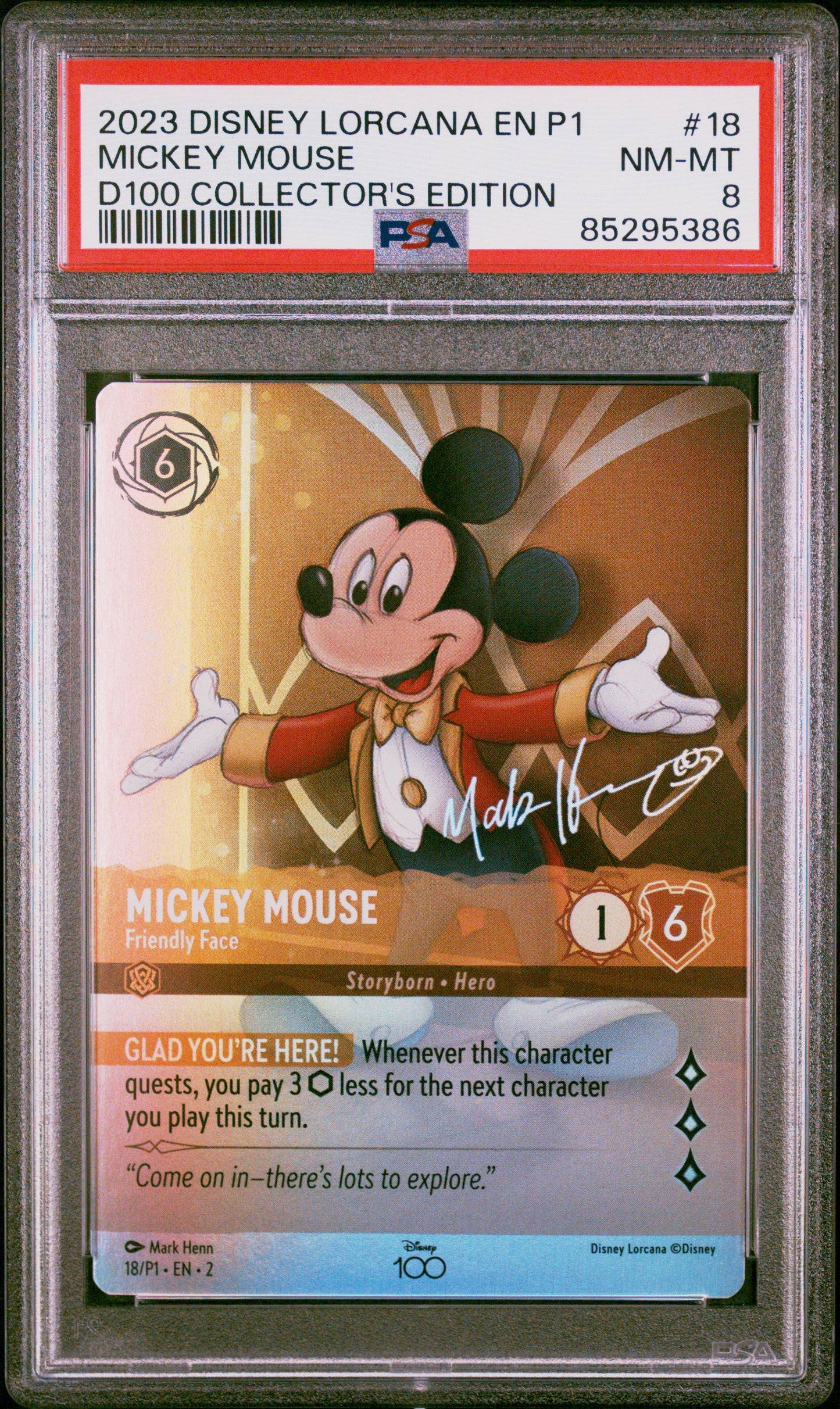 2023 Disney Lorcana En P1-Promo #18 D100 Collector'S Edition Mickey Mouse PSA 8