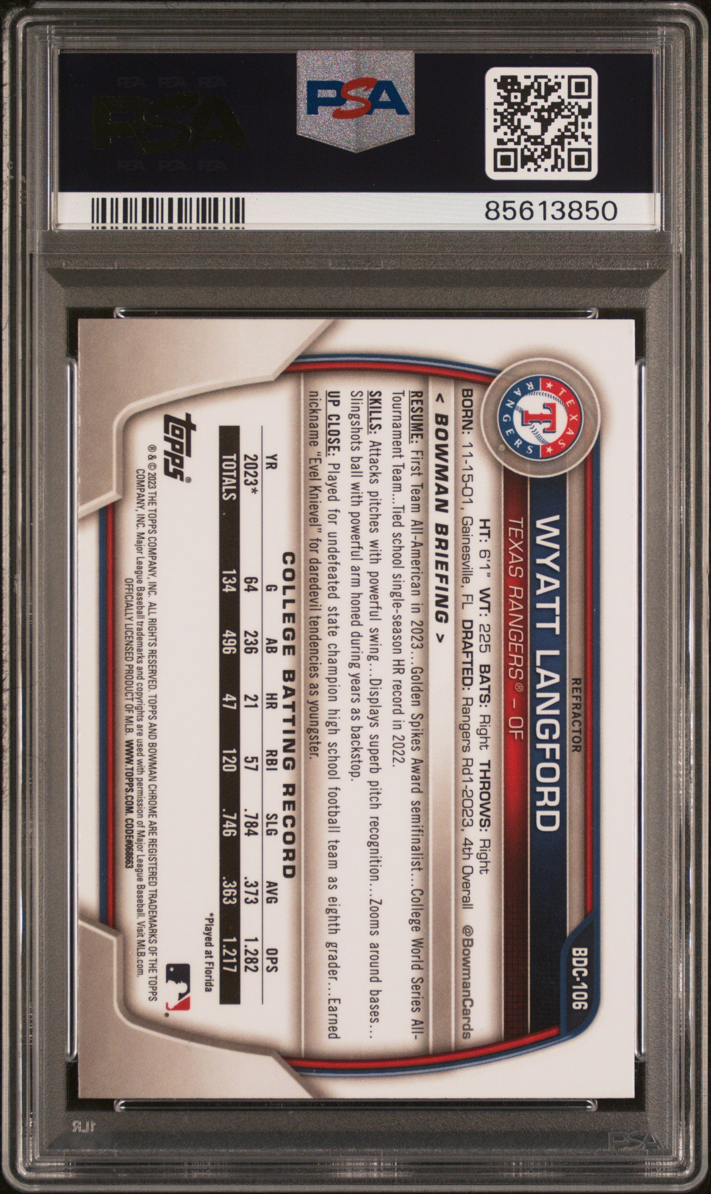 2023 Bowman Draft #BDC106 Chrome-Refractor Wyatt Langford PSA 9