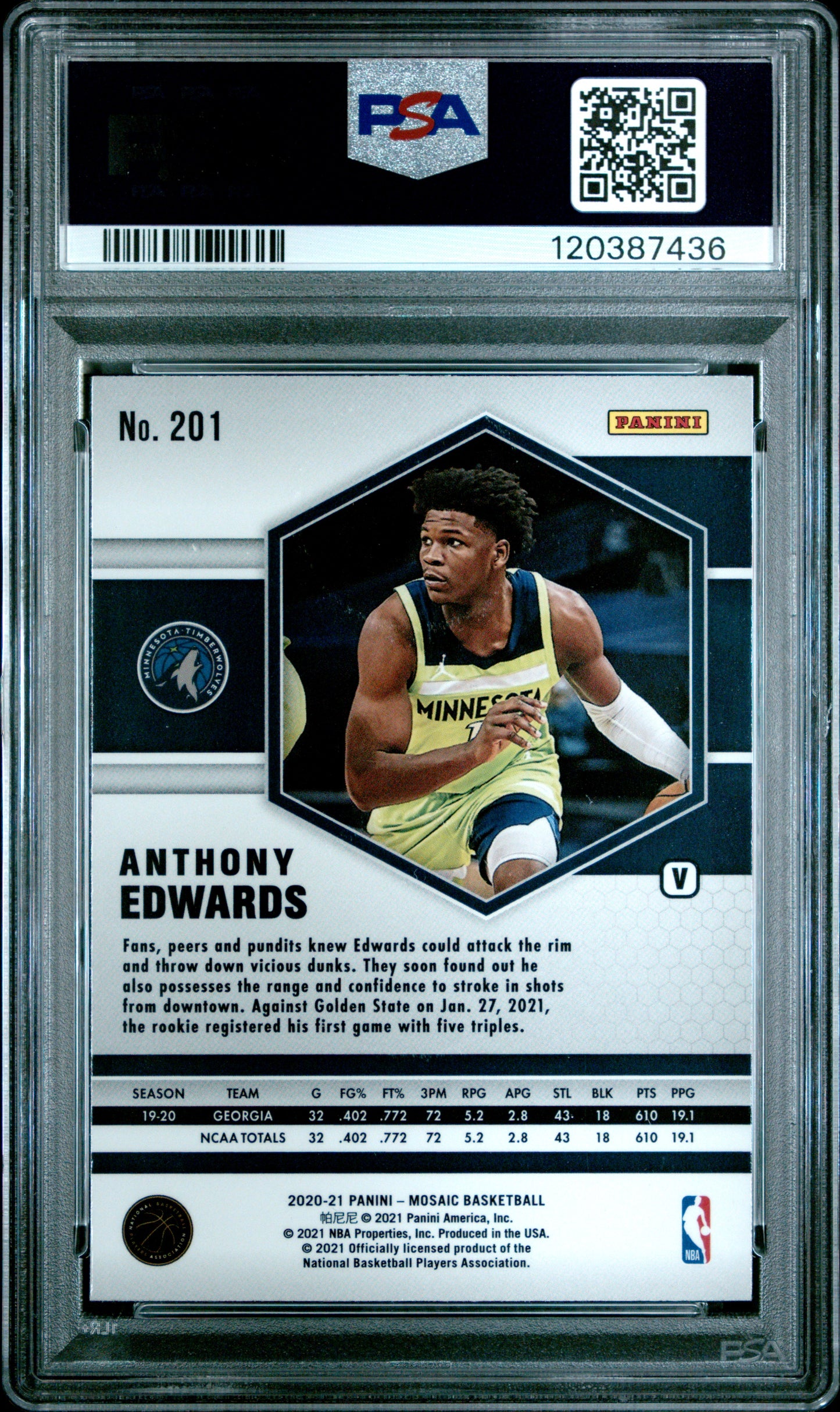 2020 Panini Mosaic #201 Variation Anthony Edwards RC PSA 10