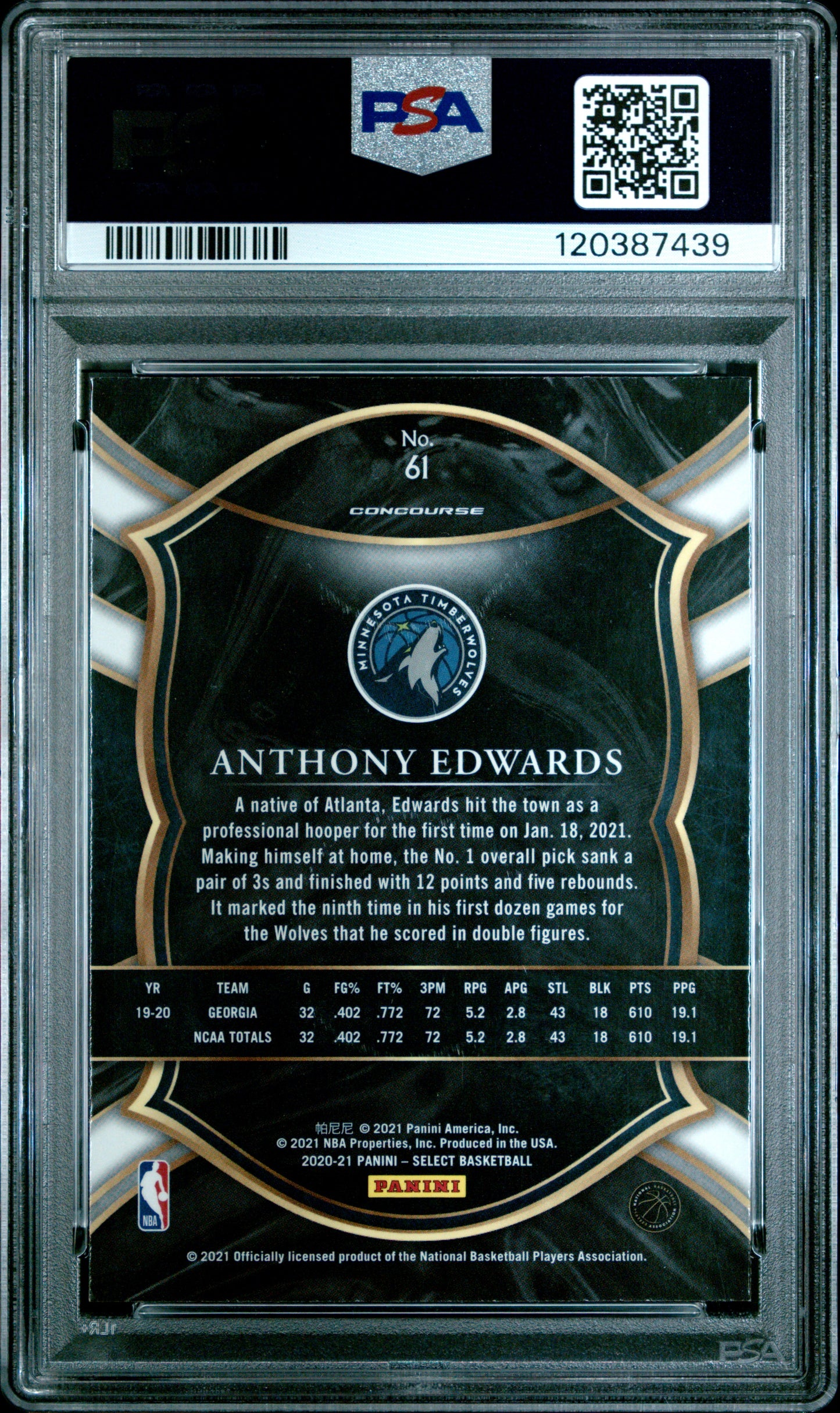 2020 Panini Select #61 Blue Retail Anthony Edwards RC PSA 10
