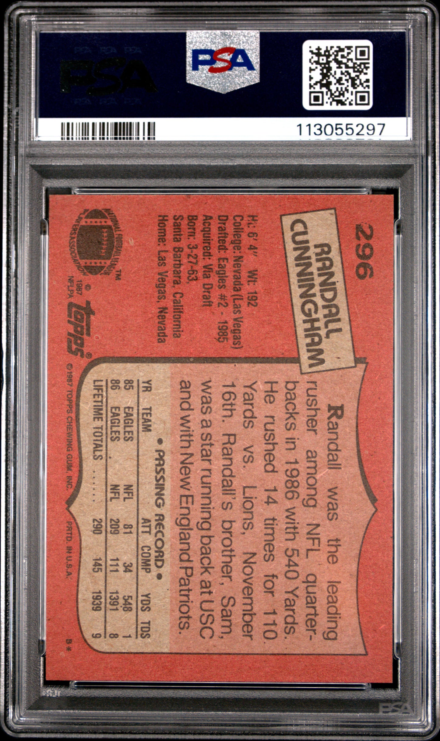 1987 Topps #296 Randall Cunningham RC PSA 8