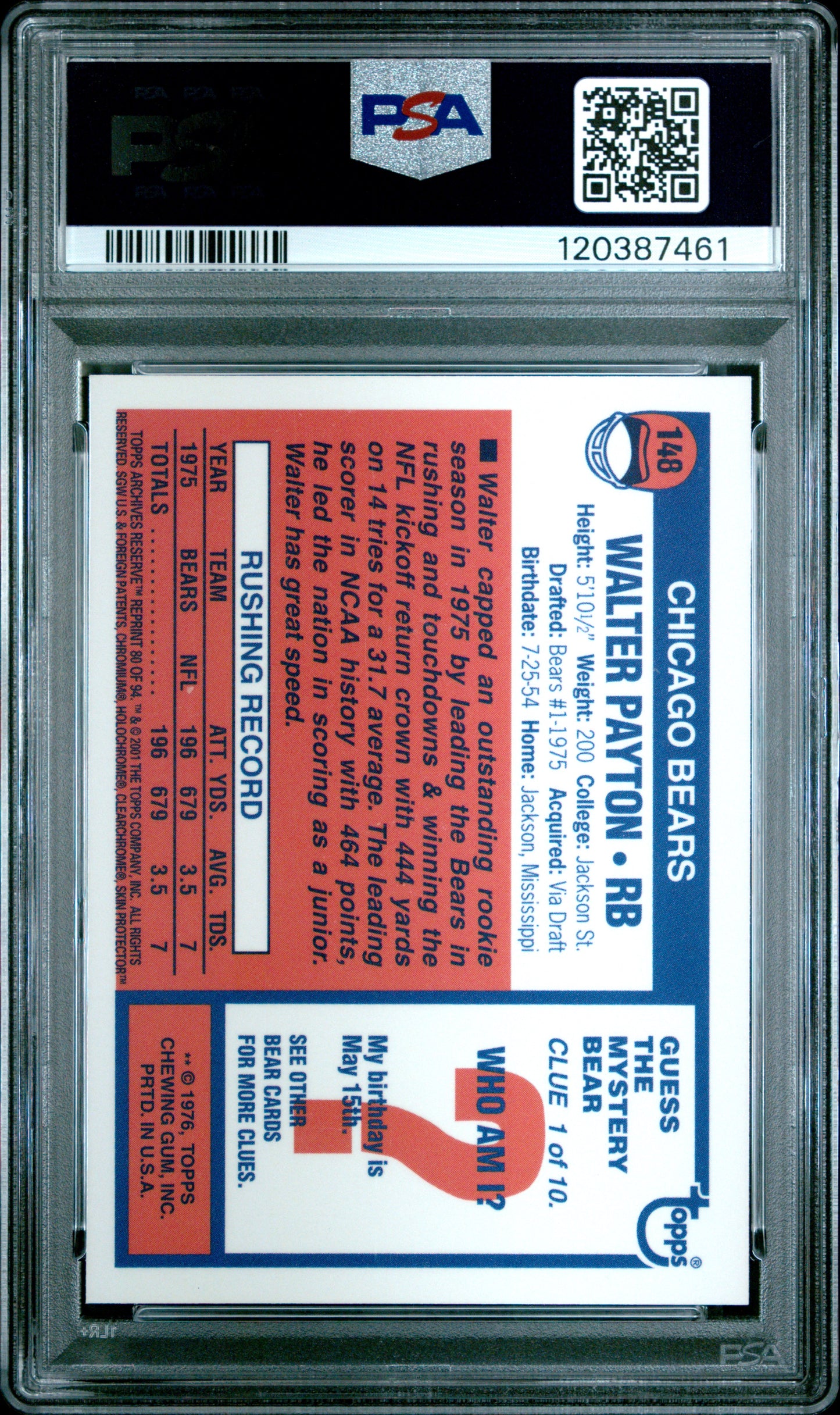 2001 Topps Archives Reserve #80 Walter Payton PSA 9