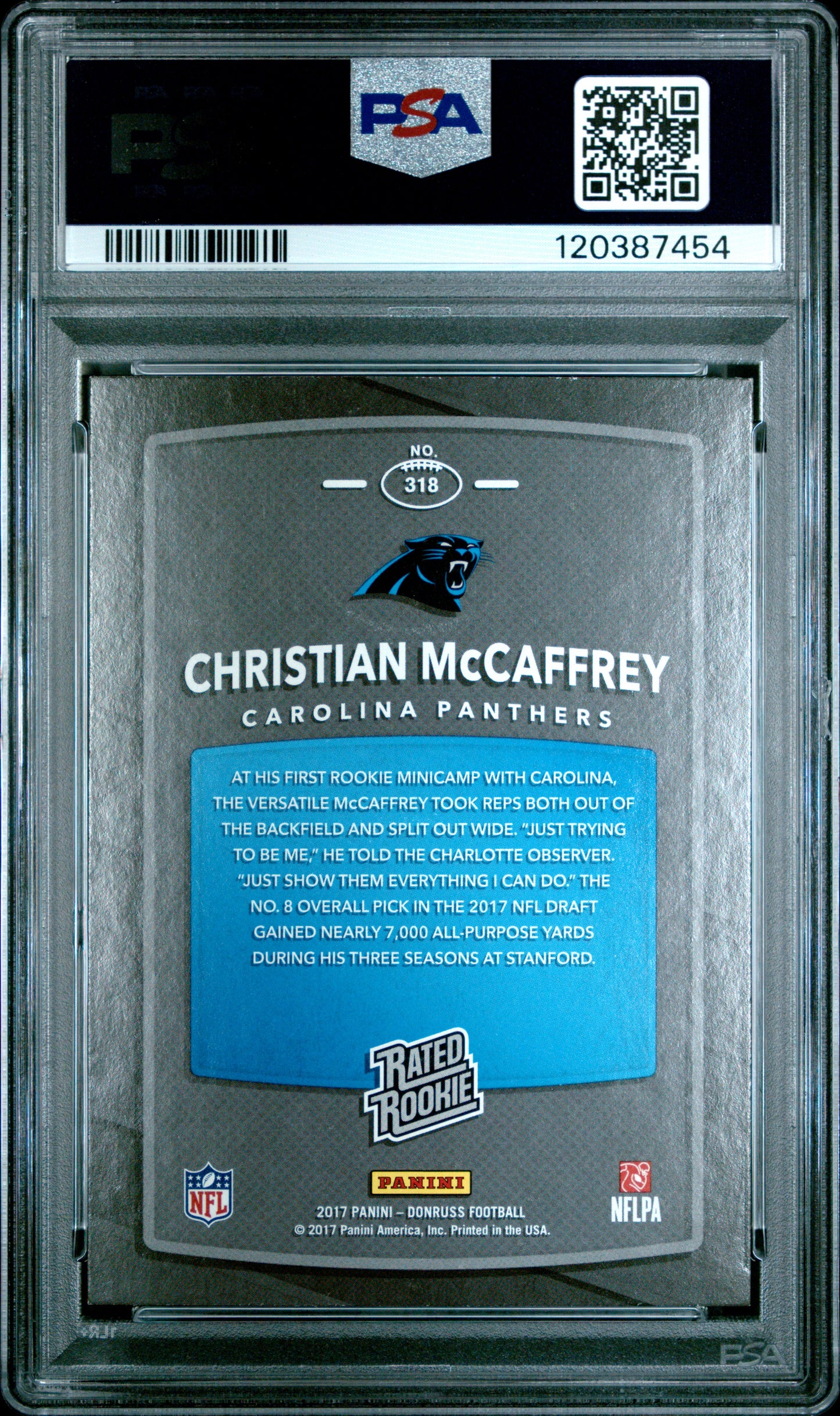 2017 Panini Donruss #318 Blue Press Proof Christian Mccaffrey RC PSA 7