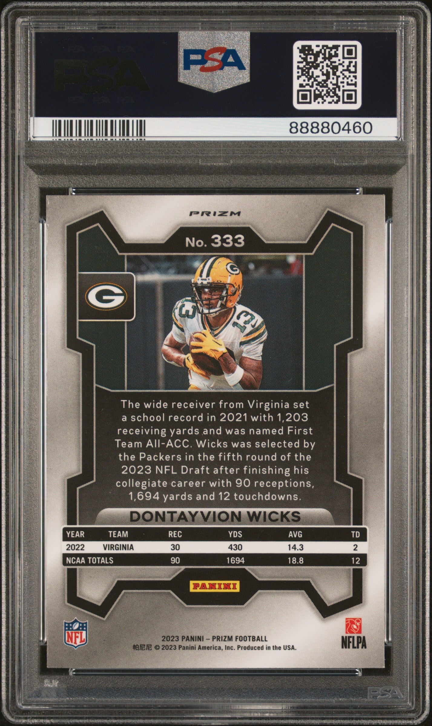 2023 Panini Prizm #333 Press Proof Prizm Dontayvion Wicks RC PSA 10