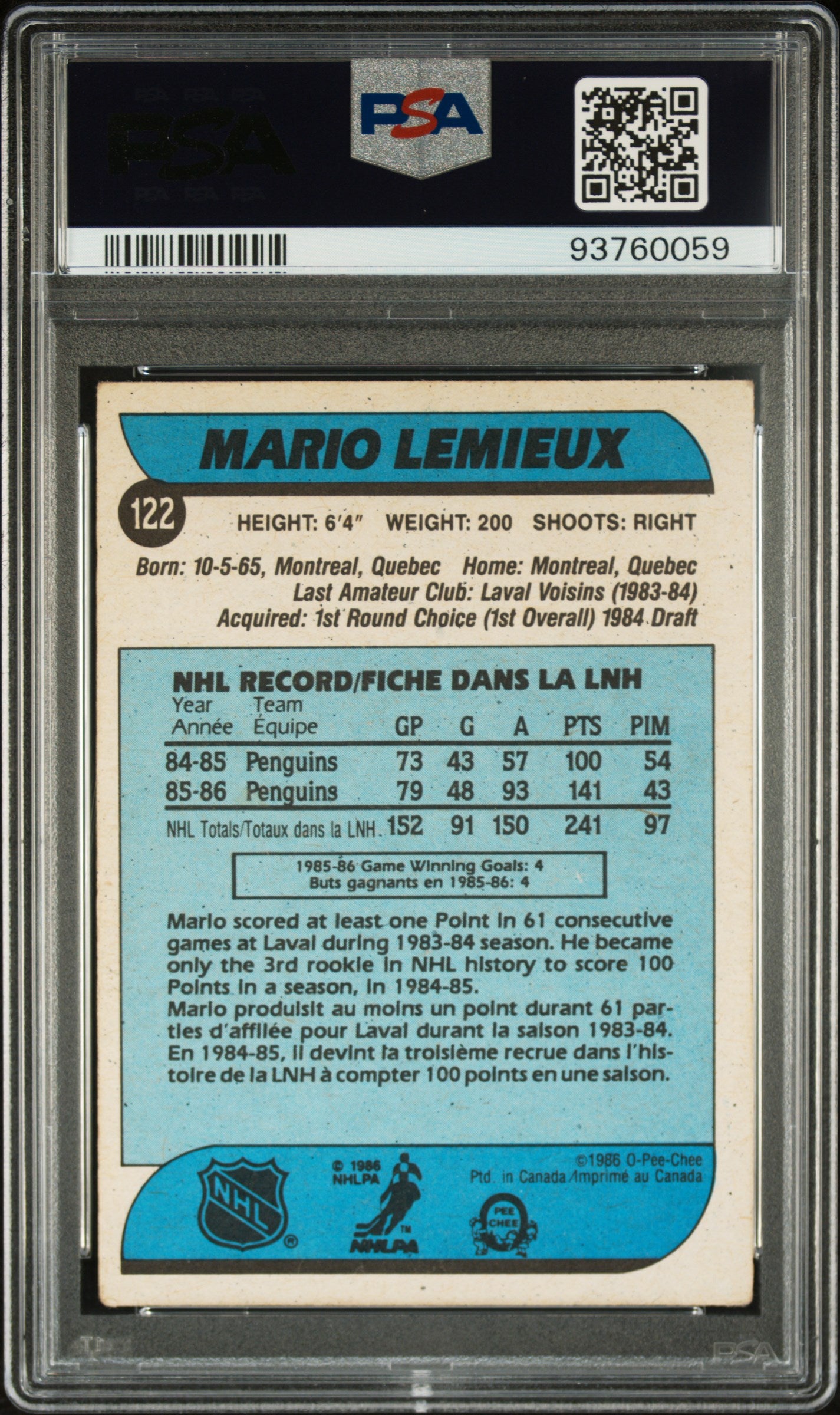 1986 O-Pee-Chee #122 Mario Lemieux PSA 4