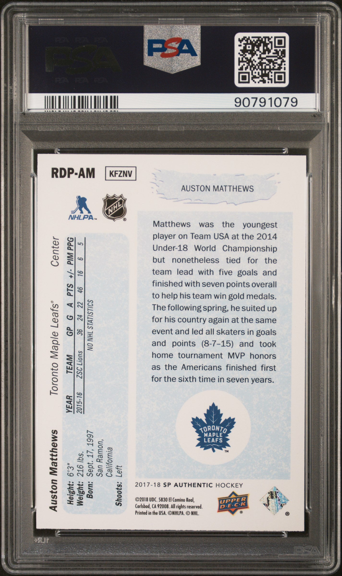 2017 Sp Authentic 1990-91 Retro Draft Picks #RDPAM Auston Matthews PSA 9