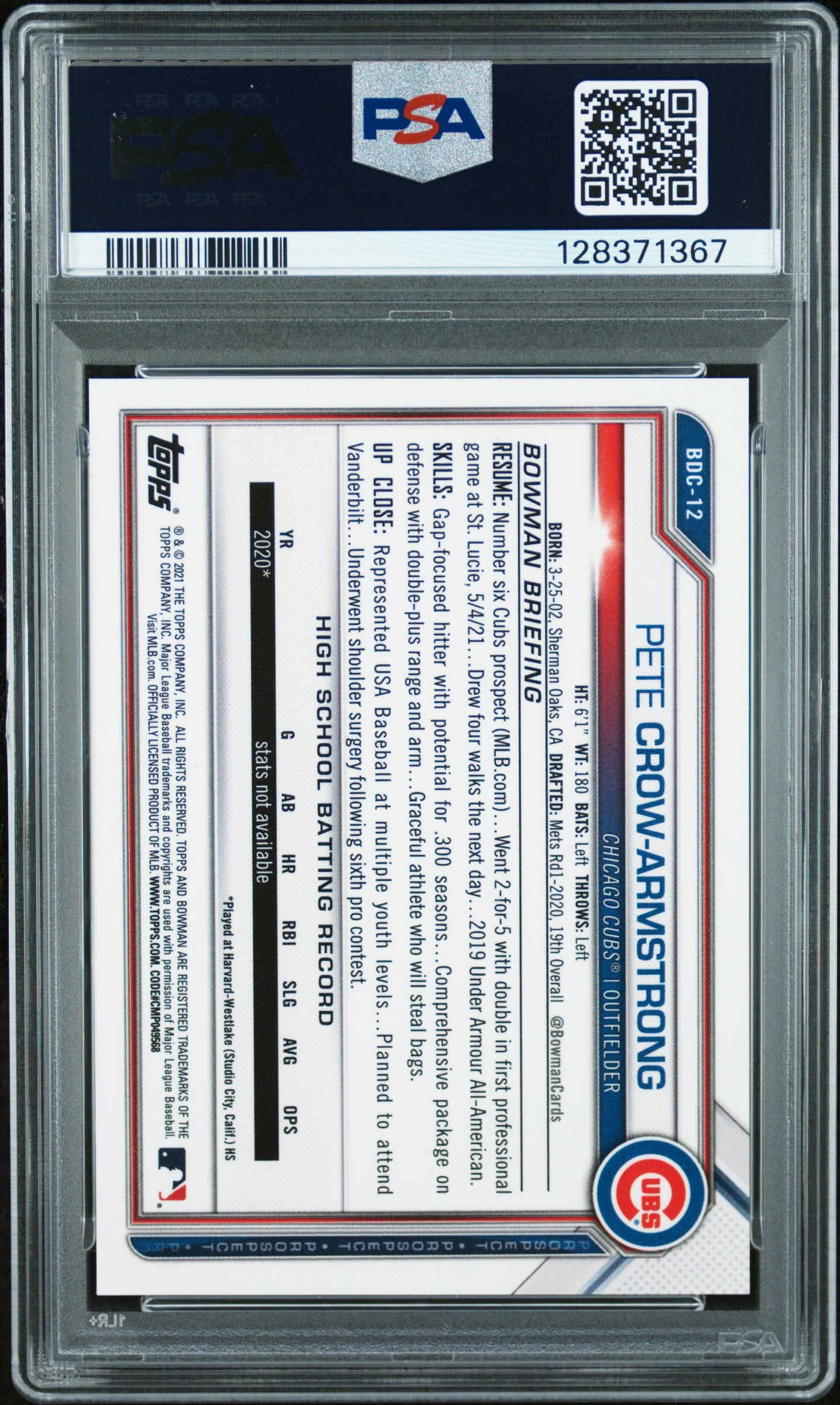 2021 Bowman Draft #BDC12 Chrome-Blue Refractor Pete Crow-Armstrong /150 PSA 8