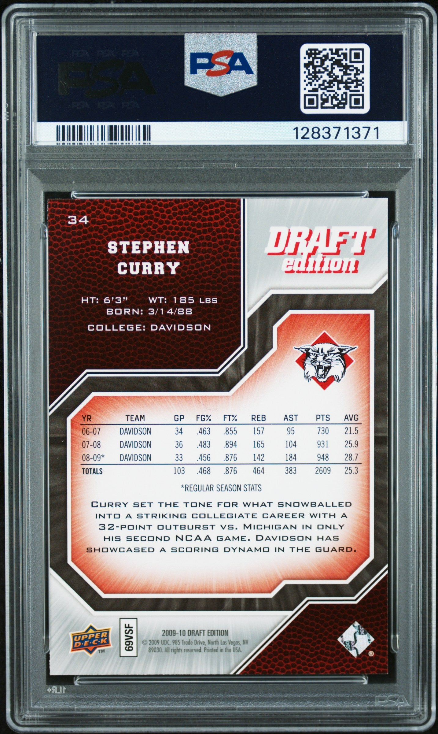 2009 Upper Deck Draft Edition #34 Stephen Curry RC PSA 8