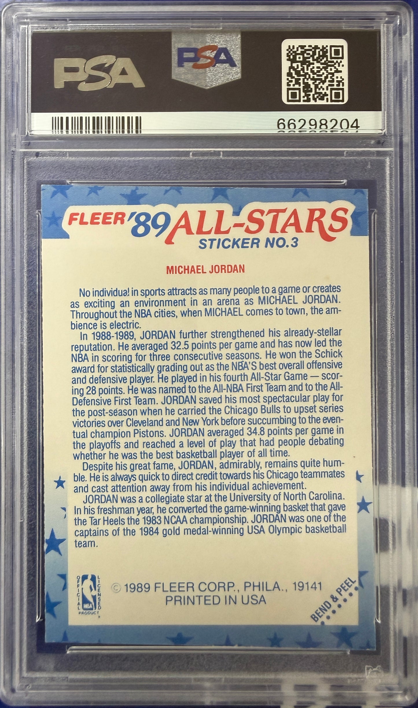1989 Fleer Sticker #3 Michael Jordan PSA 7
