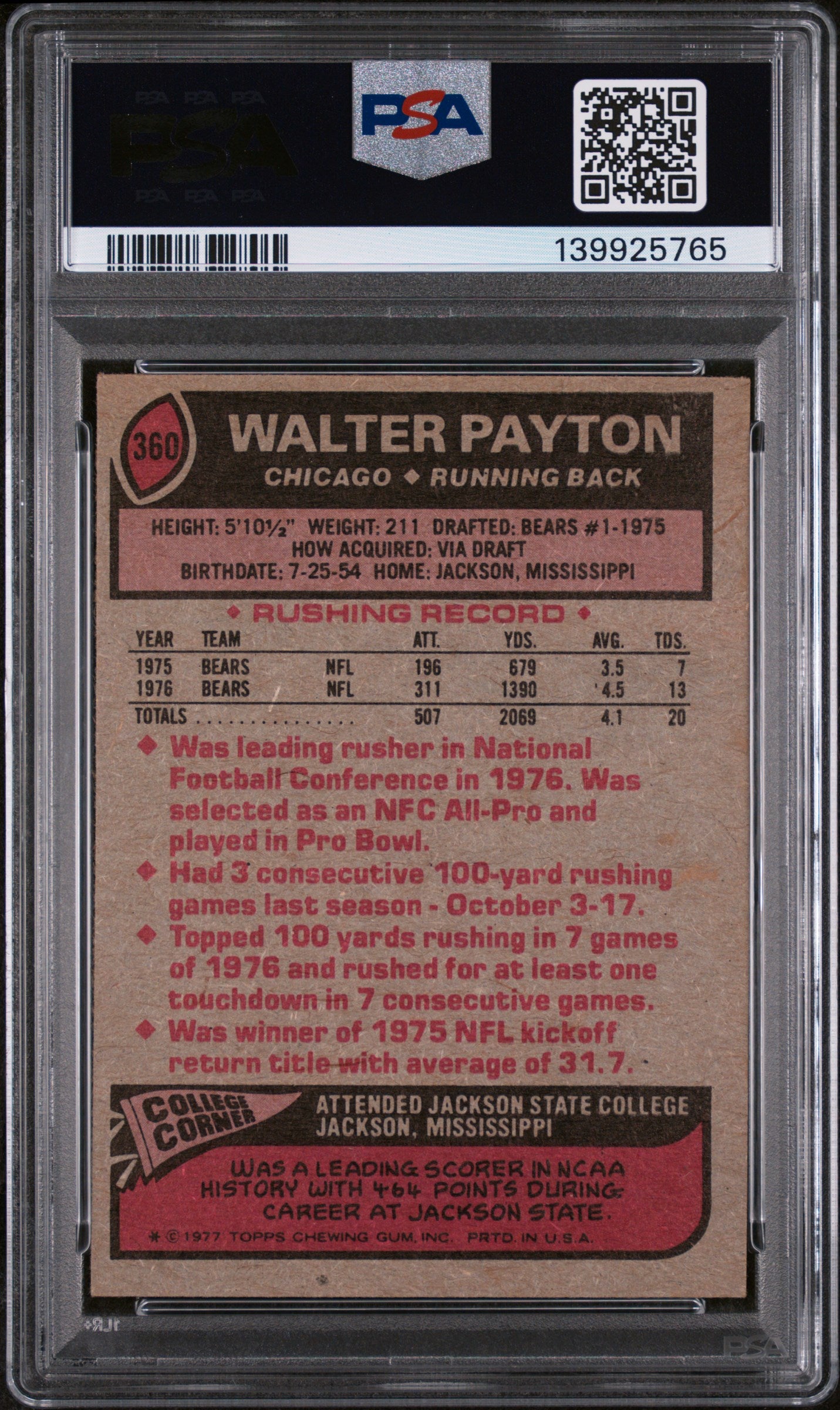1977 Topps #360 All-Pro Walter Payton PSA 2