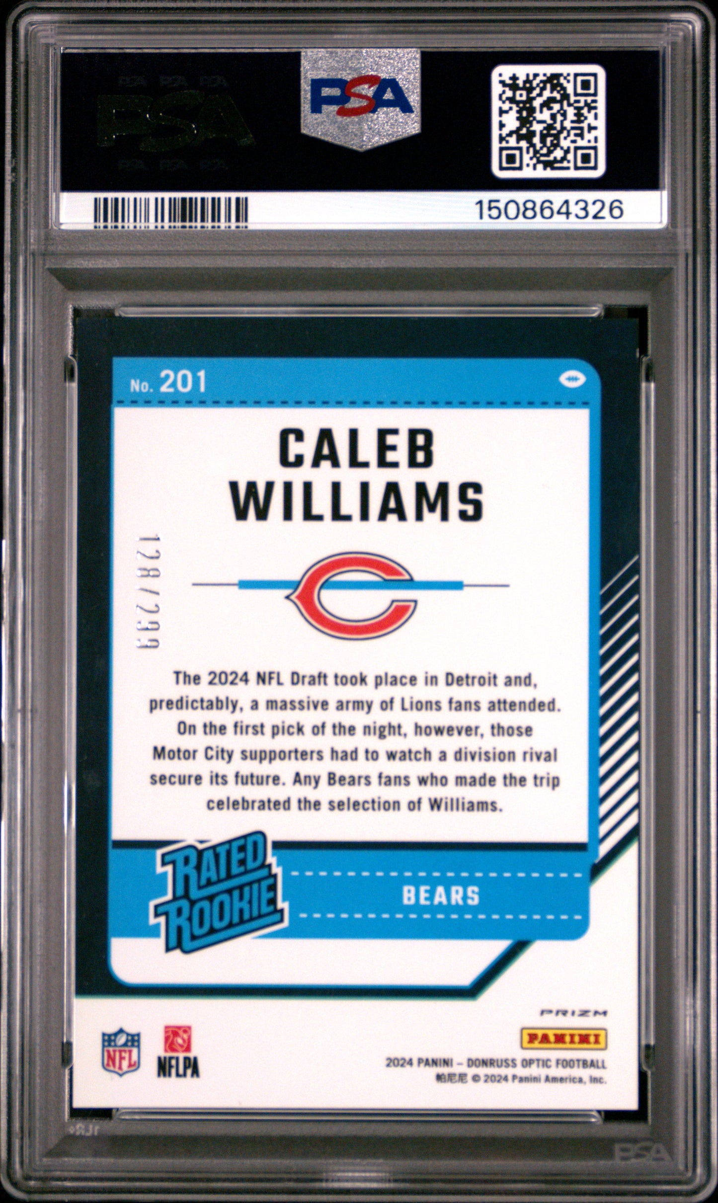 2024 Panini Donruss Optic #201 Aqua Caleb Williams RC #'d /299 PSA 8
