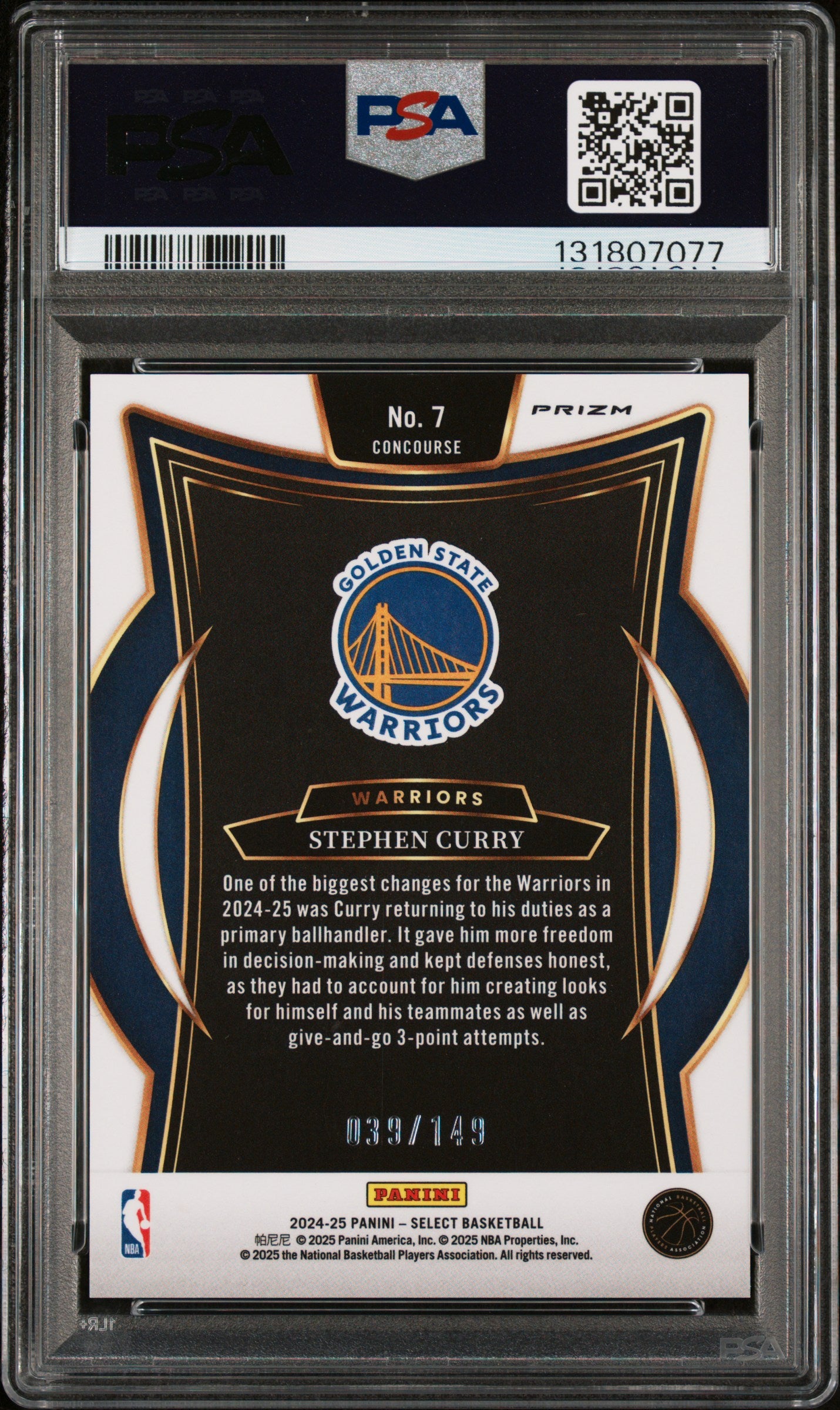 2024 Panini Select #7 White Prizm Stephen Curry PSA 10