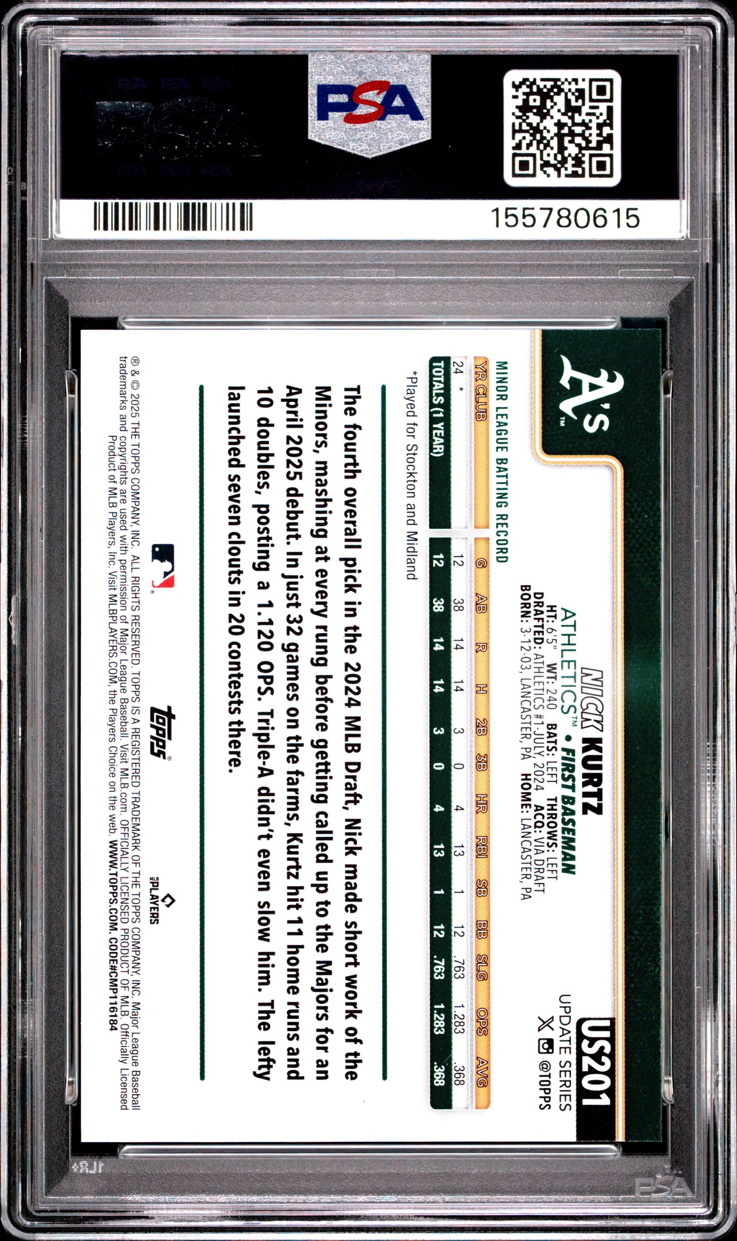 2025 Topps Update #201 Nick Kurtz RC PSA 10