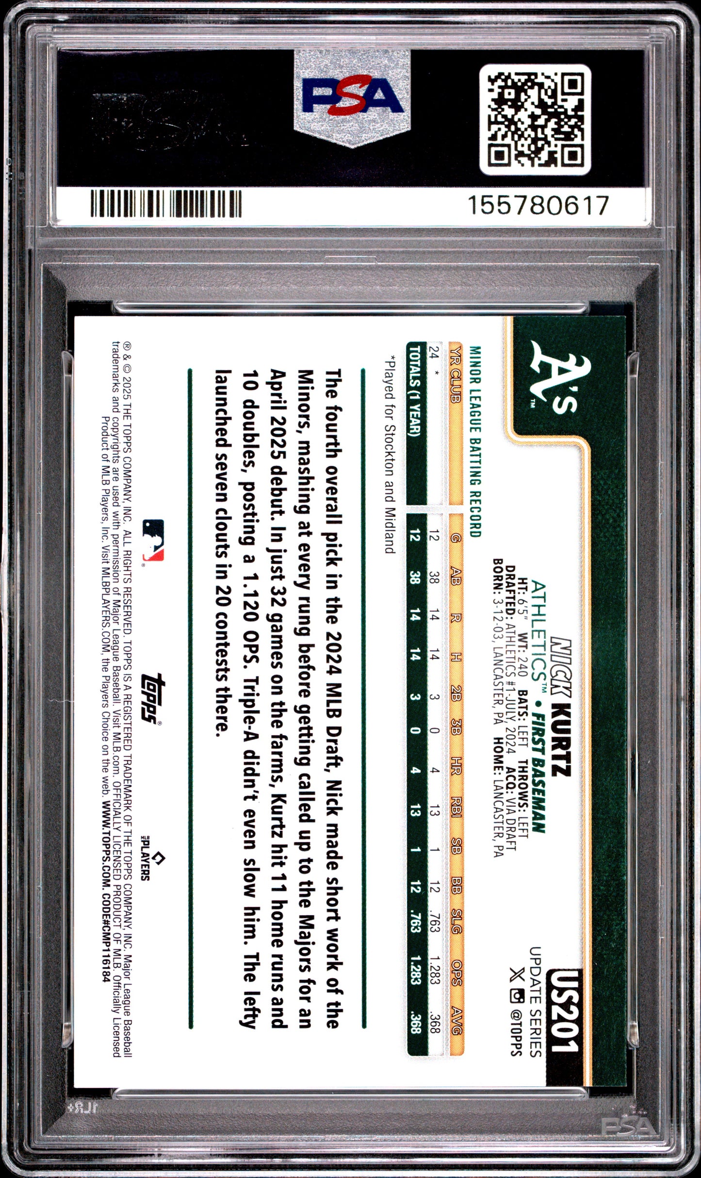 2025 Topps Update #201 Nick Kurtz RC PSA 9