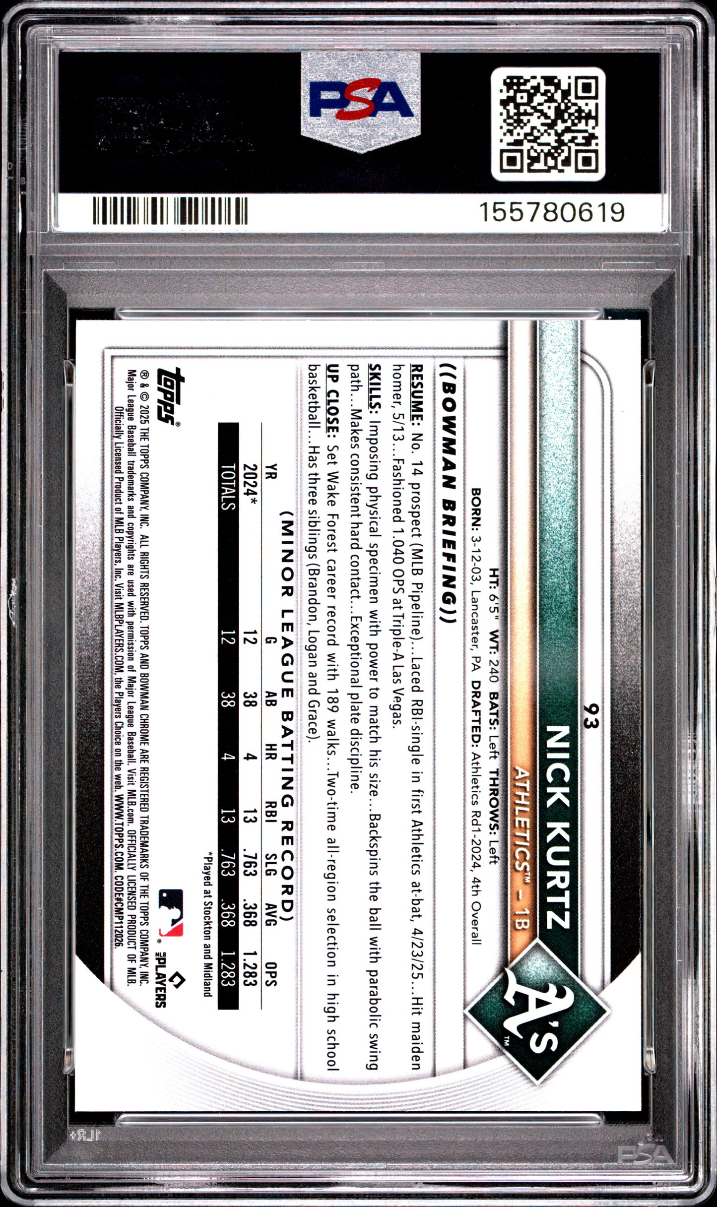 2025 Bowman Chrome #93 Nick Kurtz RC PSA 9