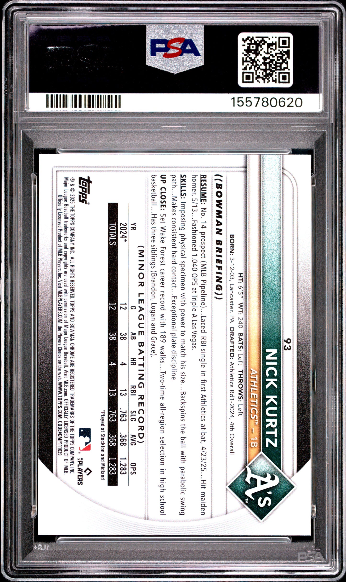 2025 Bowman Chrome Mega Box #93 Nick Kurtz RC PSA 10