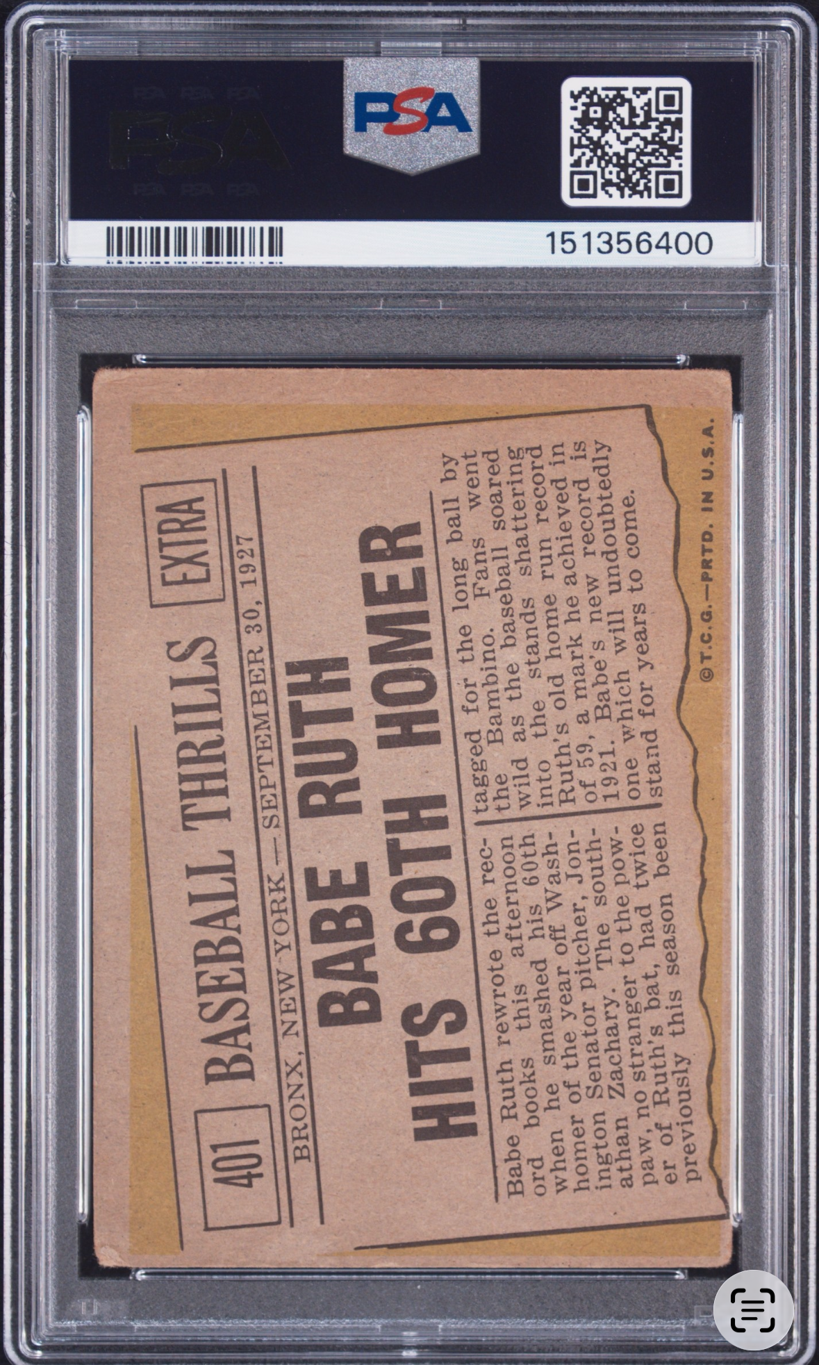1961 Topps Babe Ruth Hits 60th Homer PSA 1