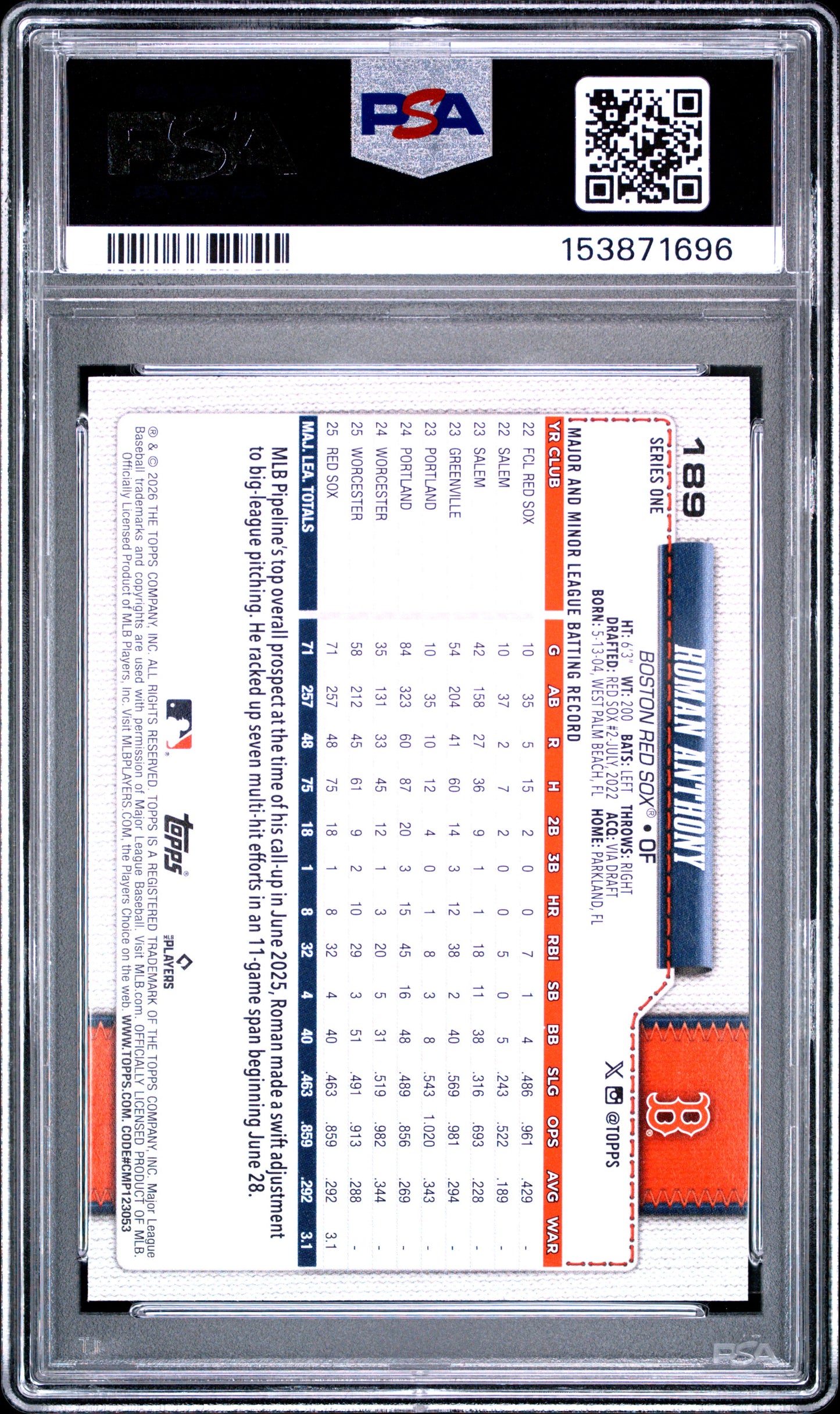 2026 Topps #189 Diamante Roman Anthony RC PSA 9