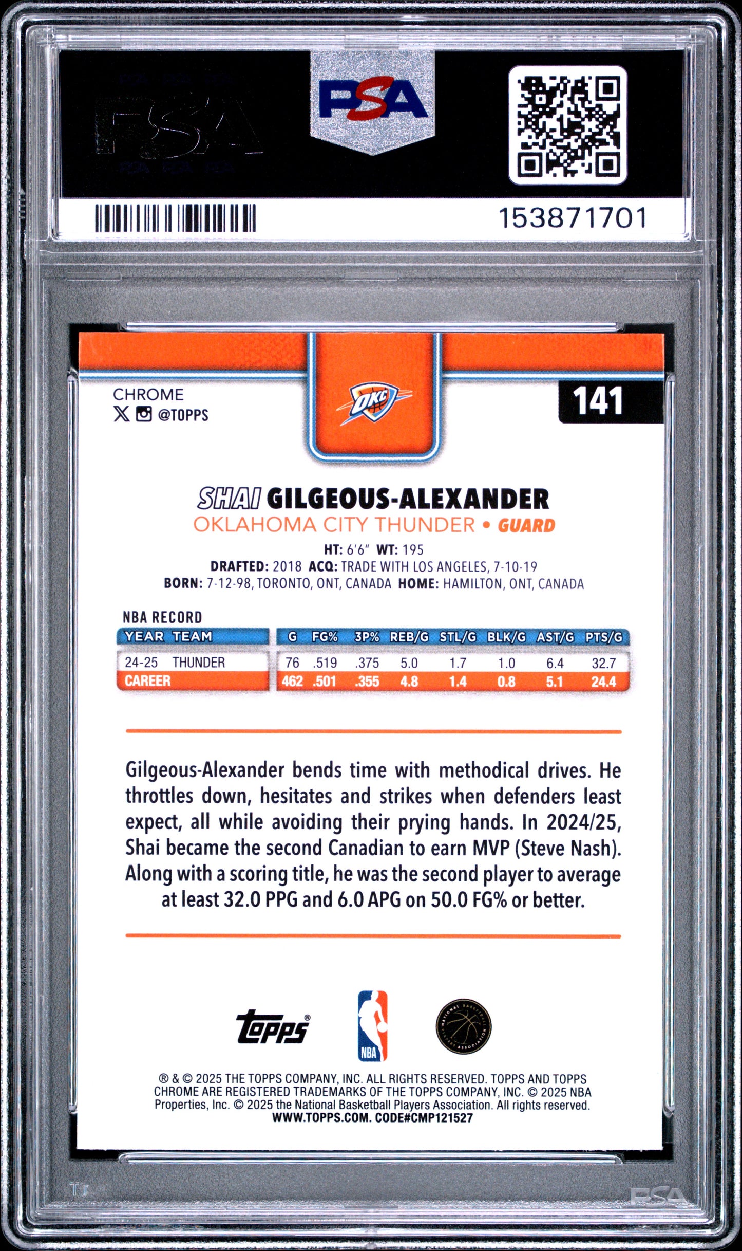 2025 Topps Chrome #141 X-Fractor Shai Gilgeous-Alexander PSA 10