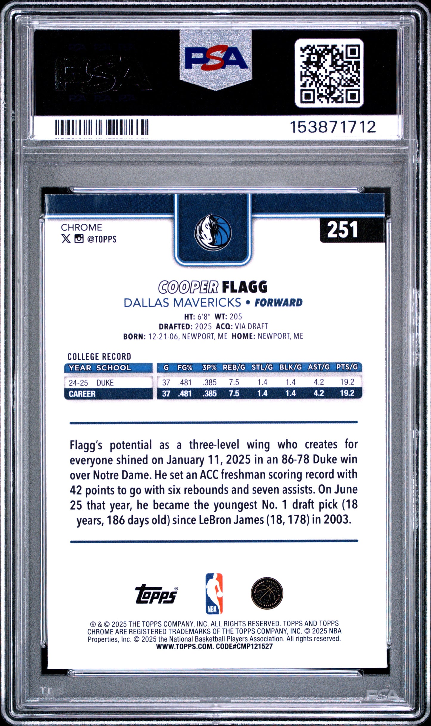 2025 Topps Chrome #251 Cooper Flagg RC PSA 6