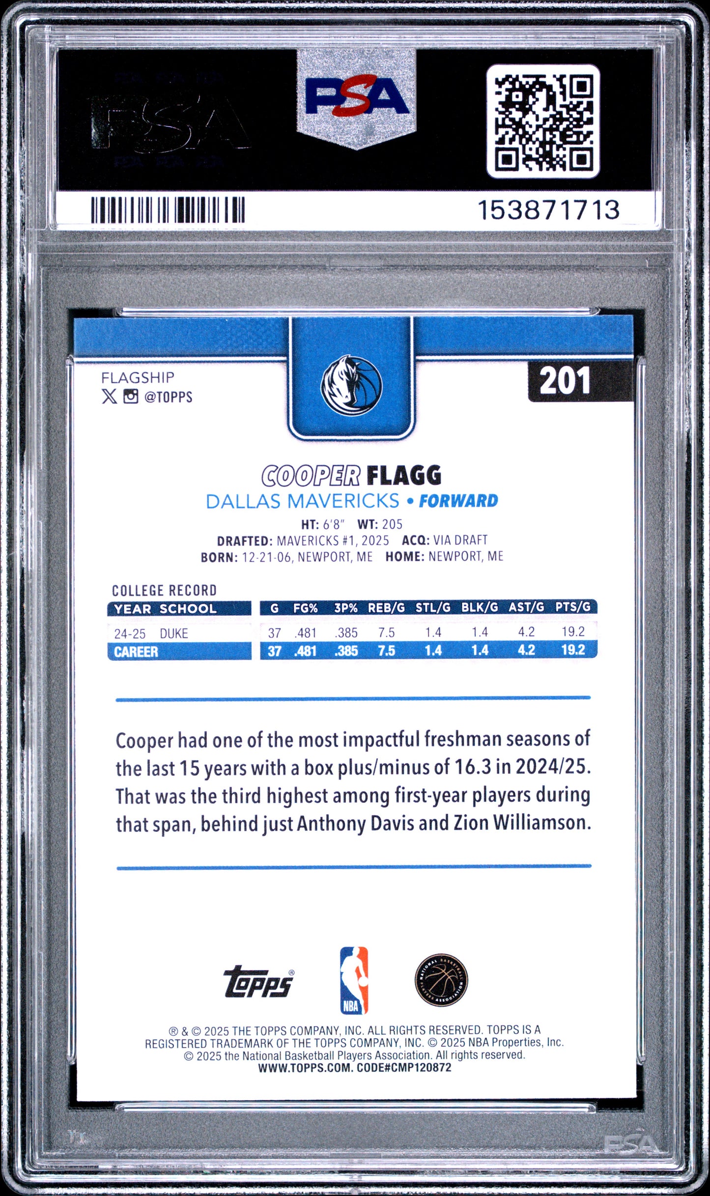 2025 Topps #201 Cooper Flagg RC PSA 10 (1713)