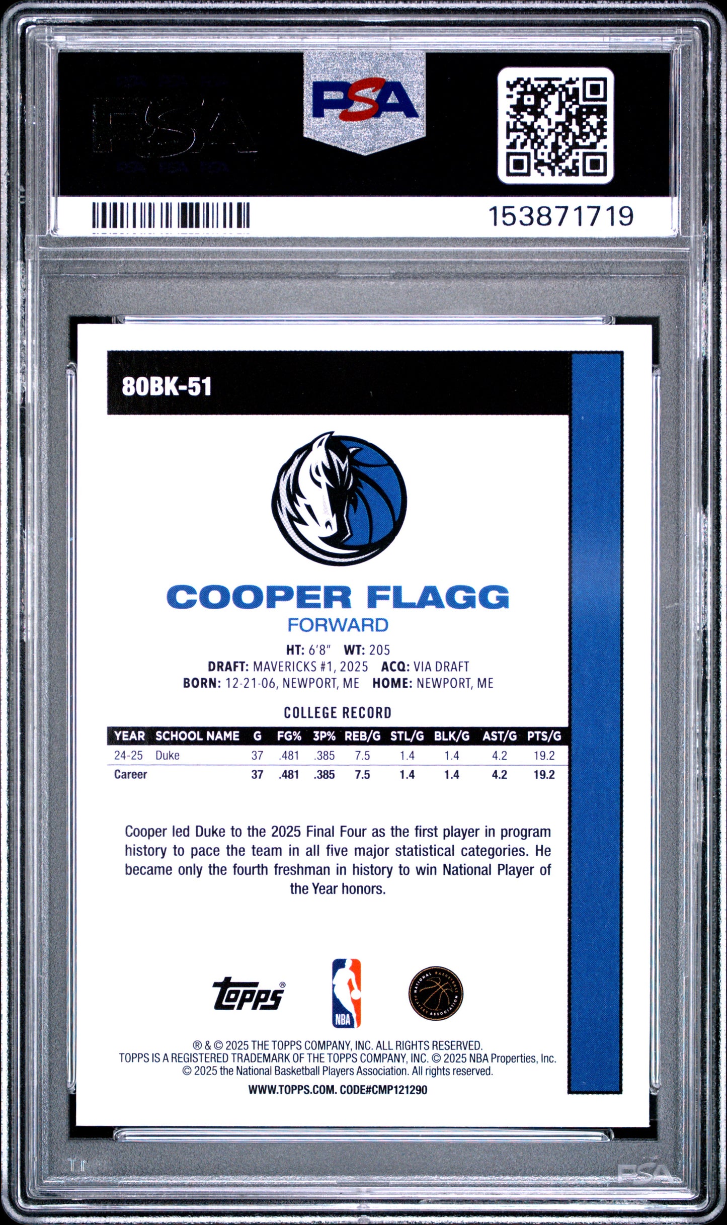 2025 Topps 1980-81 Topps Basketball #80BK-51 Cooper Flagg RC PSA 9 (1719)