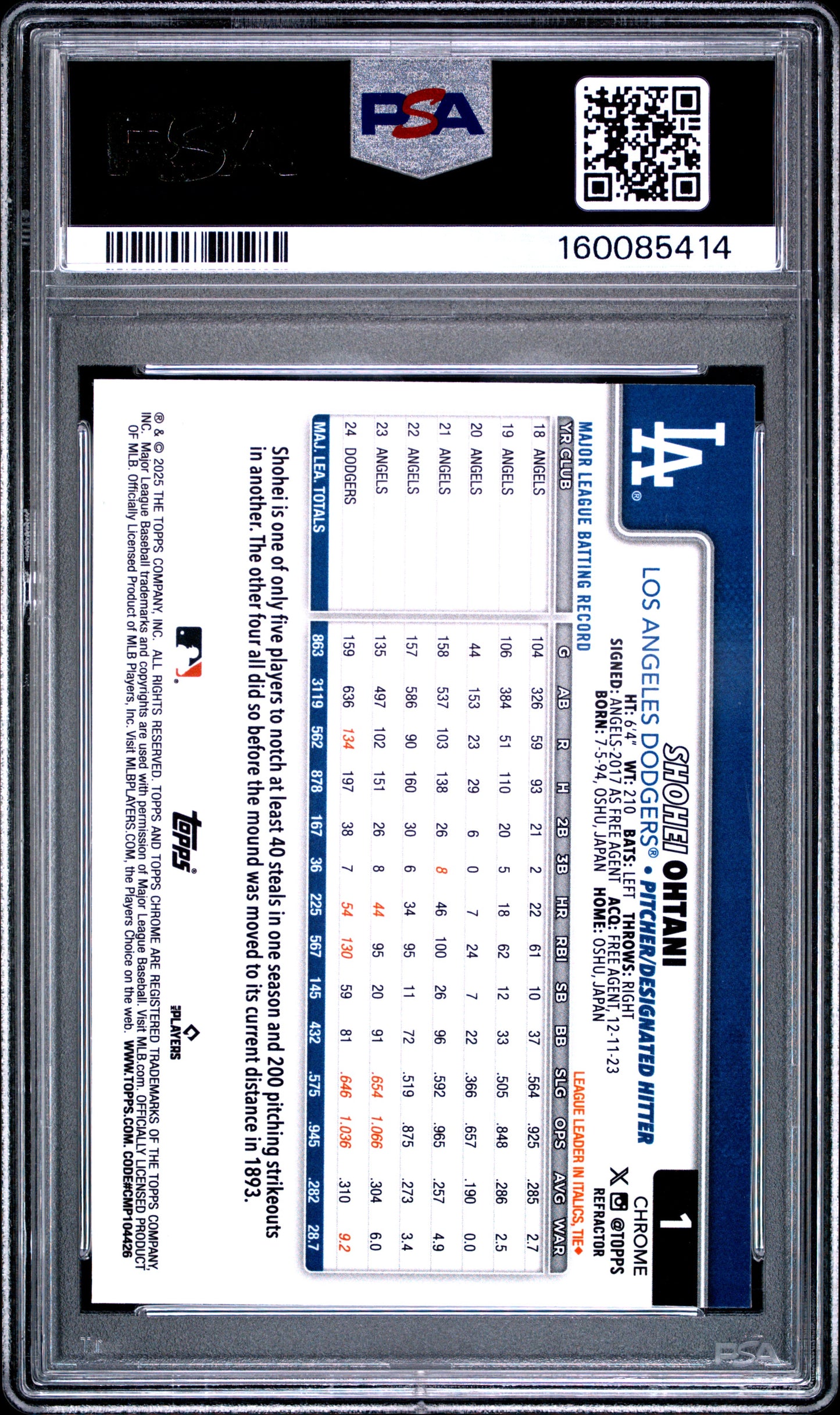 2025 Topps Chrome #1 Refractor Shohei Ohtani PSA 9