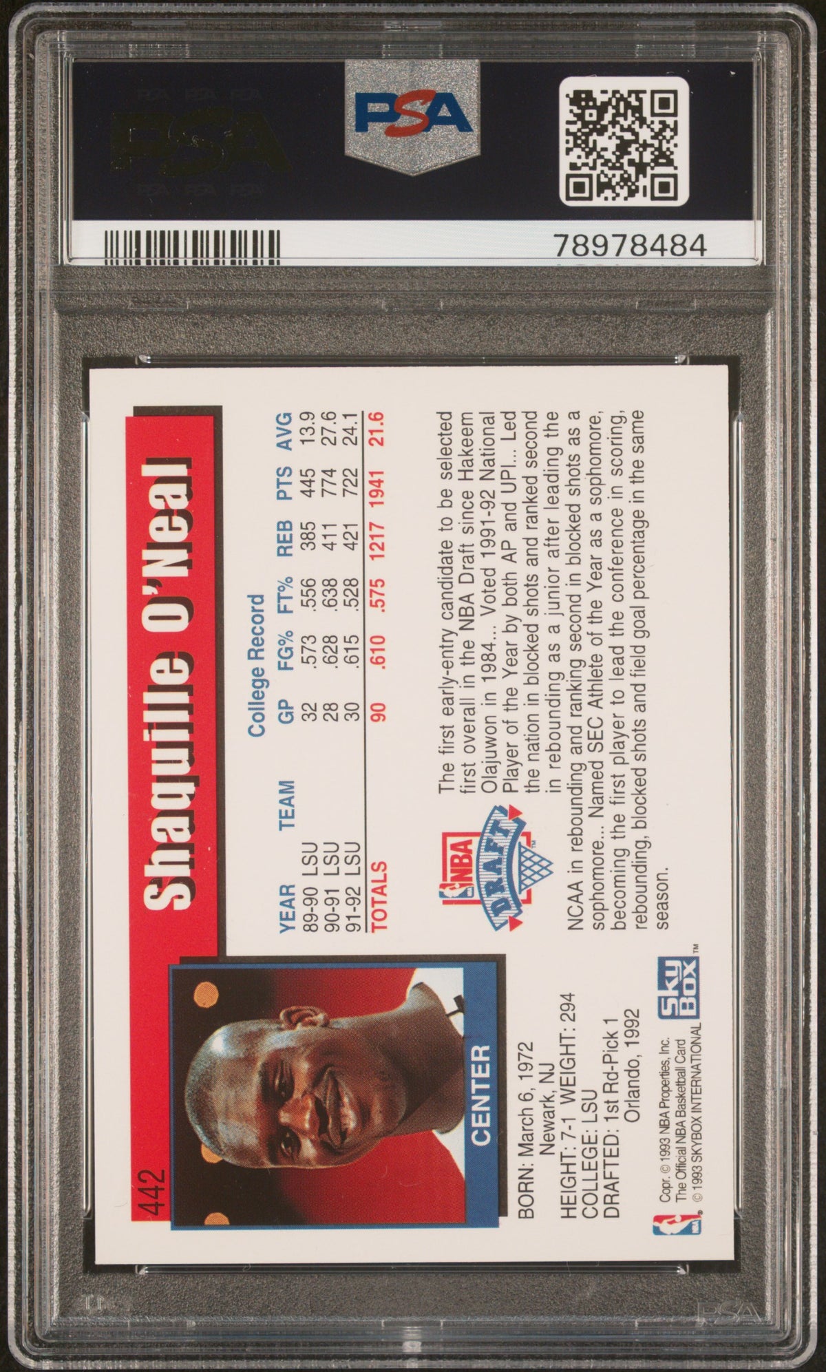 1992 Hoops #442 Shaquille O'Neal RC PSA 9