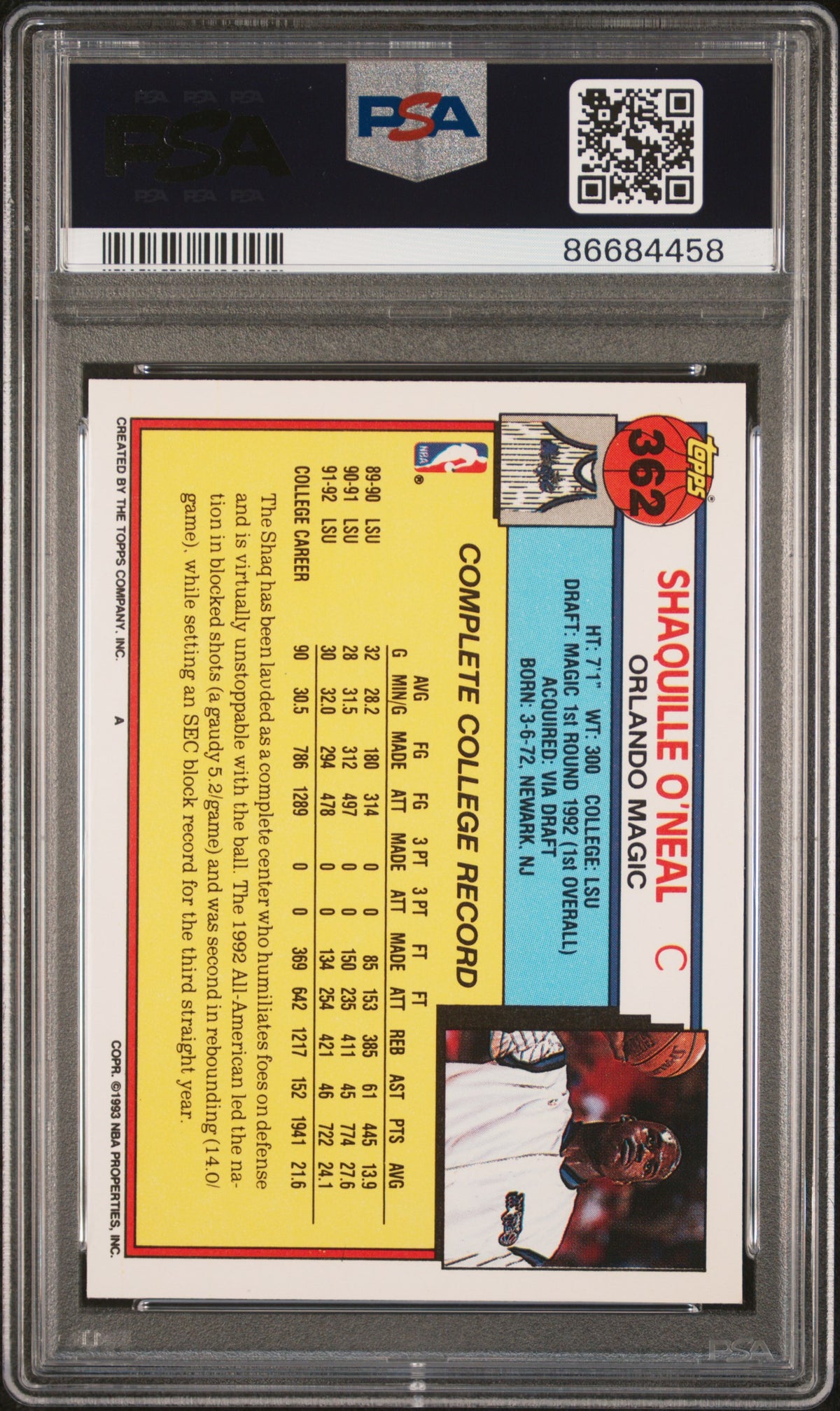 1992 Topps #362 Shaquille O'Neal RC PSA 9