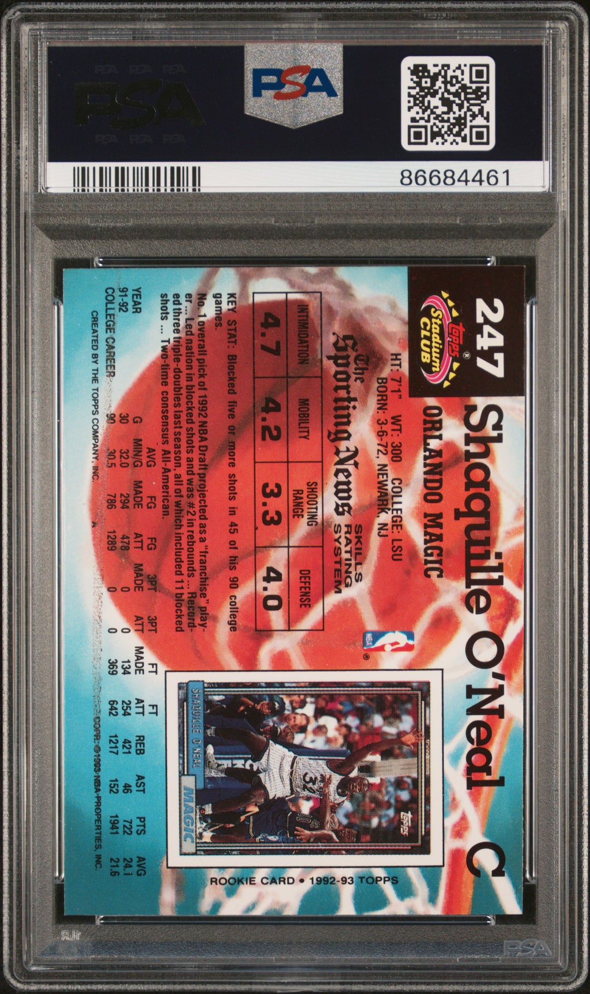 1992 Stadium Club #247 Shaquille O'Neal RC PSA 8