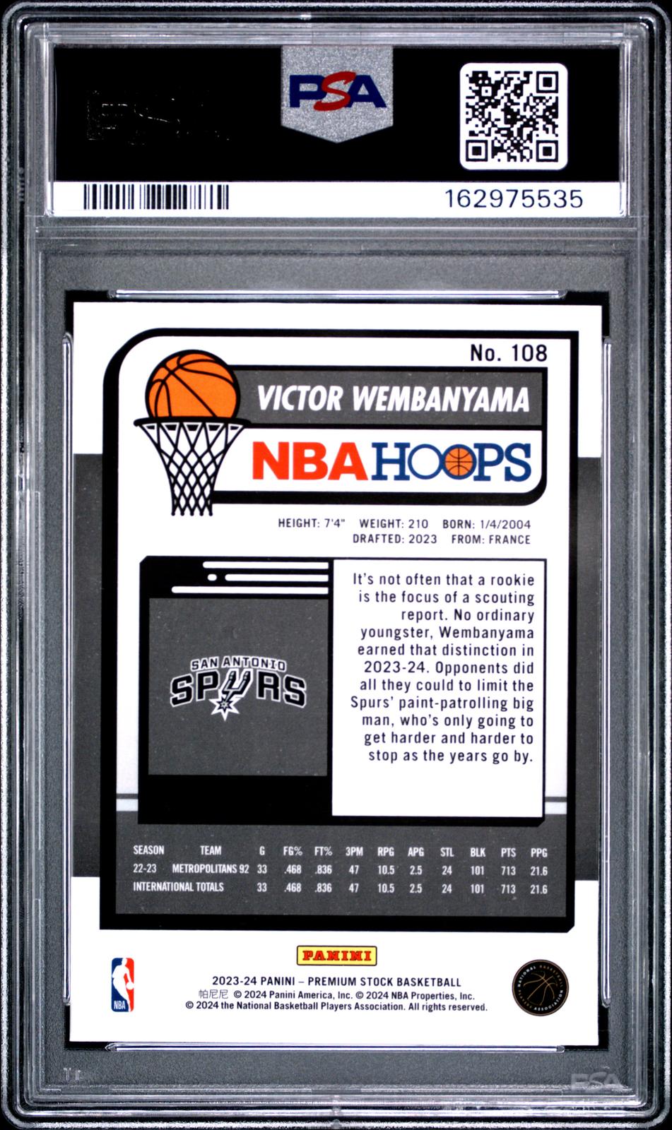2023 Panini Hoops Premium Stock #108 Victor Wembanyama RC PSA 9